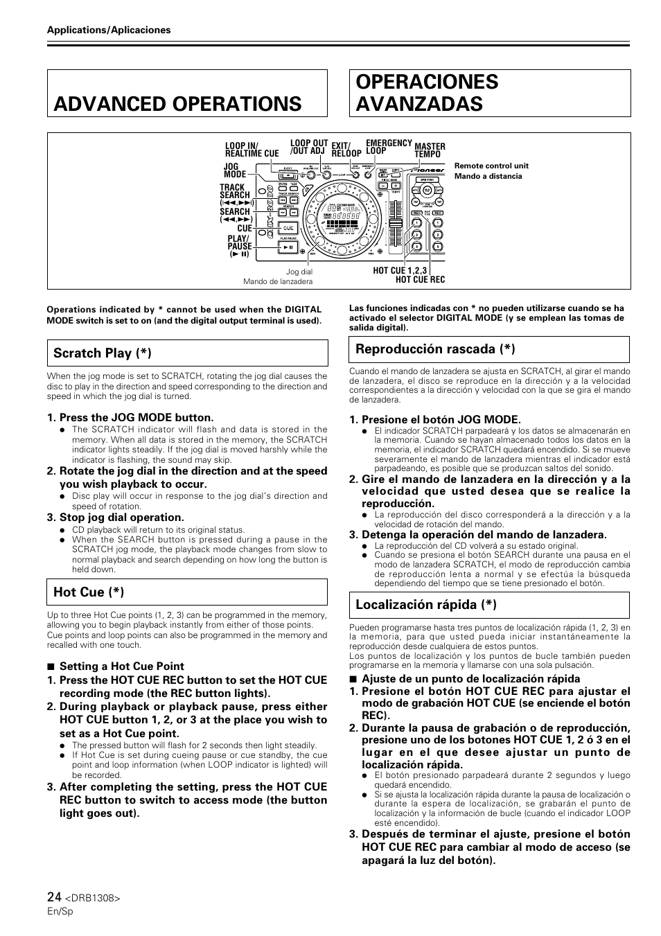 Advanced operations, Scratch play, Hot cue | Operaciones avanzadas, Reproducción rascada, Localización rápida, Scratch play (*), Hot cue (*), Reproducción rascada (*), Localización rápida (*) | Pioneer CMX-3000 User Manual | Page 24 / 33