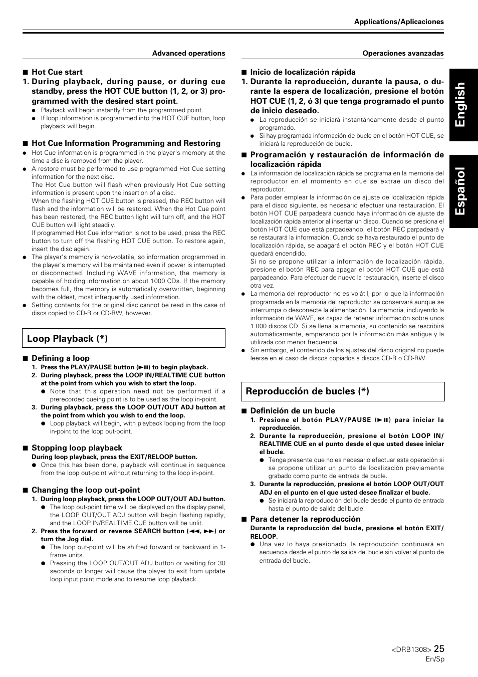 Loop playback, Reproducción de bucles, English espa ñ ol | Loop playback (*), Reproducción de bucles (*) | Pioneer CMX-3000 User Manual | Page 25 / 33