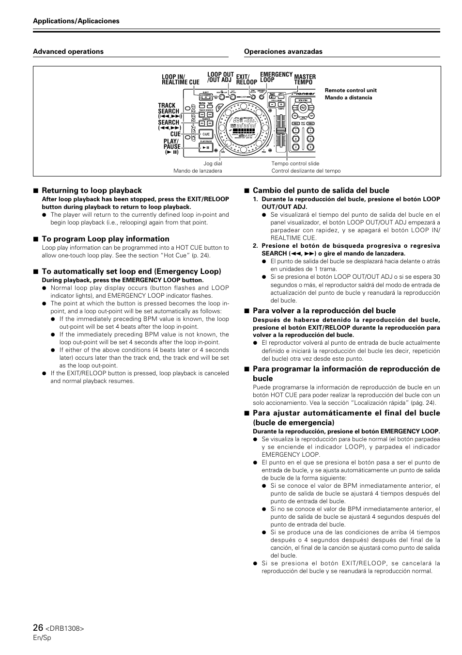 7 returning to loop playback, 7 to program loop play information, 7 to automatically set loop end (emergency loop) | 7 cambio del punto de salida del bucle, 7 para volver a la reproducción del bucle | Pioneer CMX-3000 User Manual | Page 26 / 33