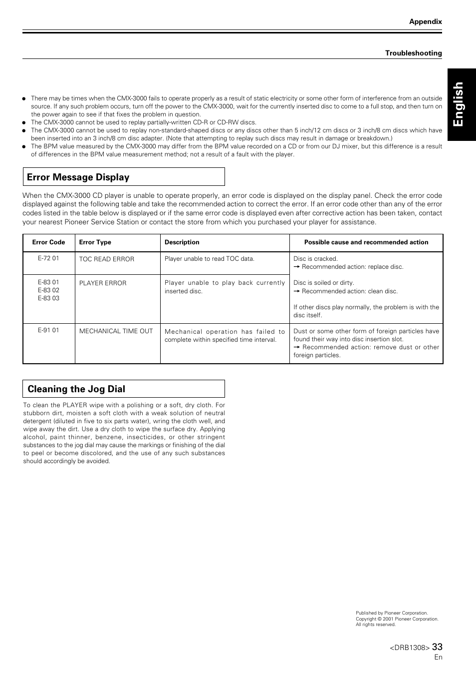 Error message display, Cleaning the jog dial, English espa ñ ol | Pioneer CMX-3000 User Manual | Page 33 / 33