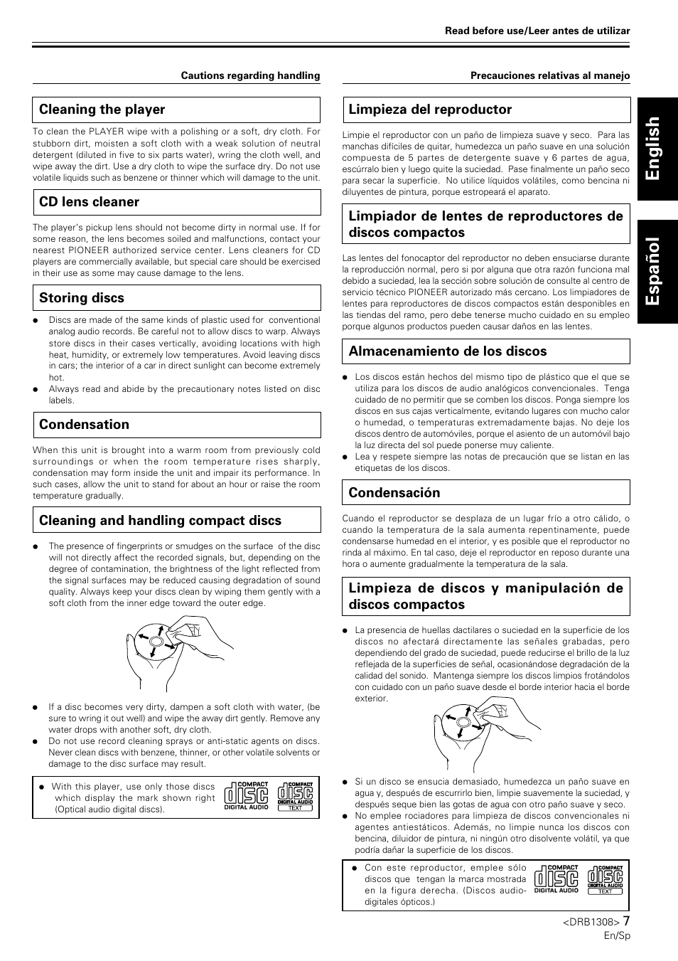 English español, Cleaning the player, Cd lens cleaner | Storing discs, Condensation, Cleaning and handling compact discs, Limpieza del reproductor, Almacenamiento de los discos, Condensación | Pioneer CMX-3000 User Manual | Page 7 / 33