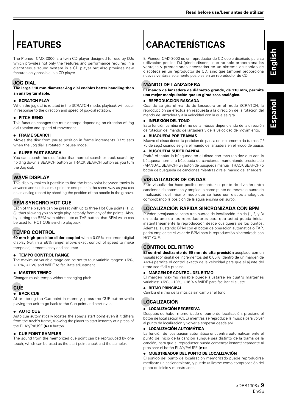 Features, Características, English español | Pioneer CMX-3000 User Manual | Page 9 / 33