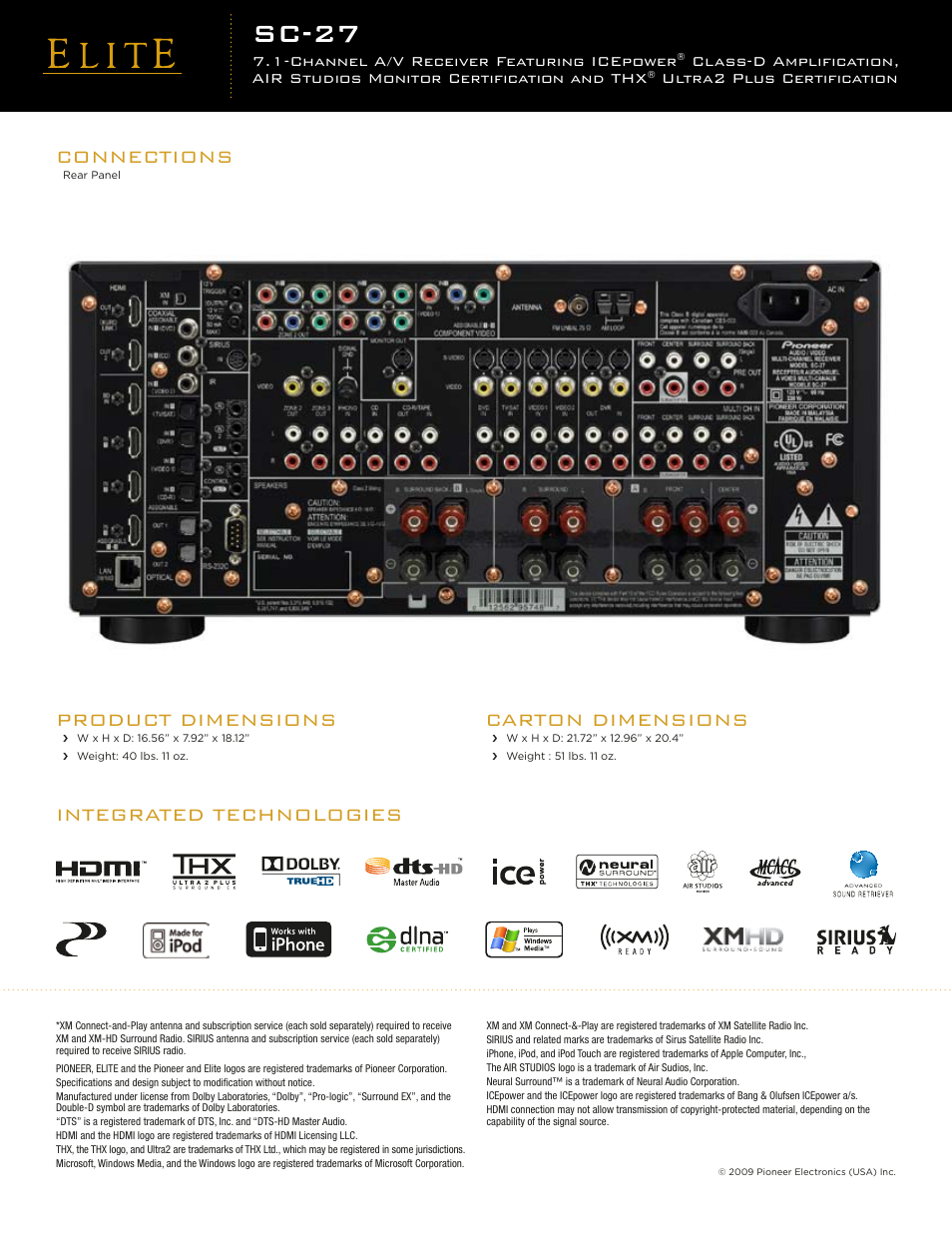 Sc-27, Connections, Integrated technologies product dimensions | Carton dimensions, Channel a/v receiver featuring icepower, Ultra2 plus certification | Pioneer Elite SC-27 User Manual | Page 2 / 2