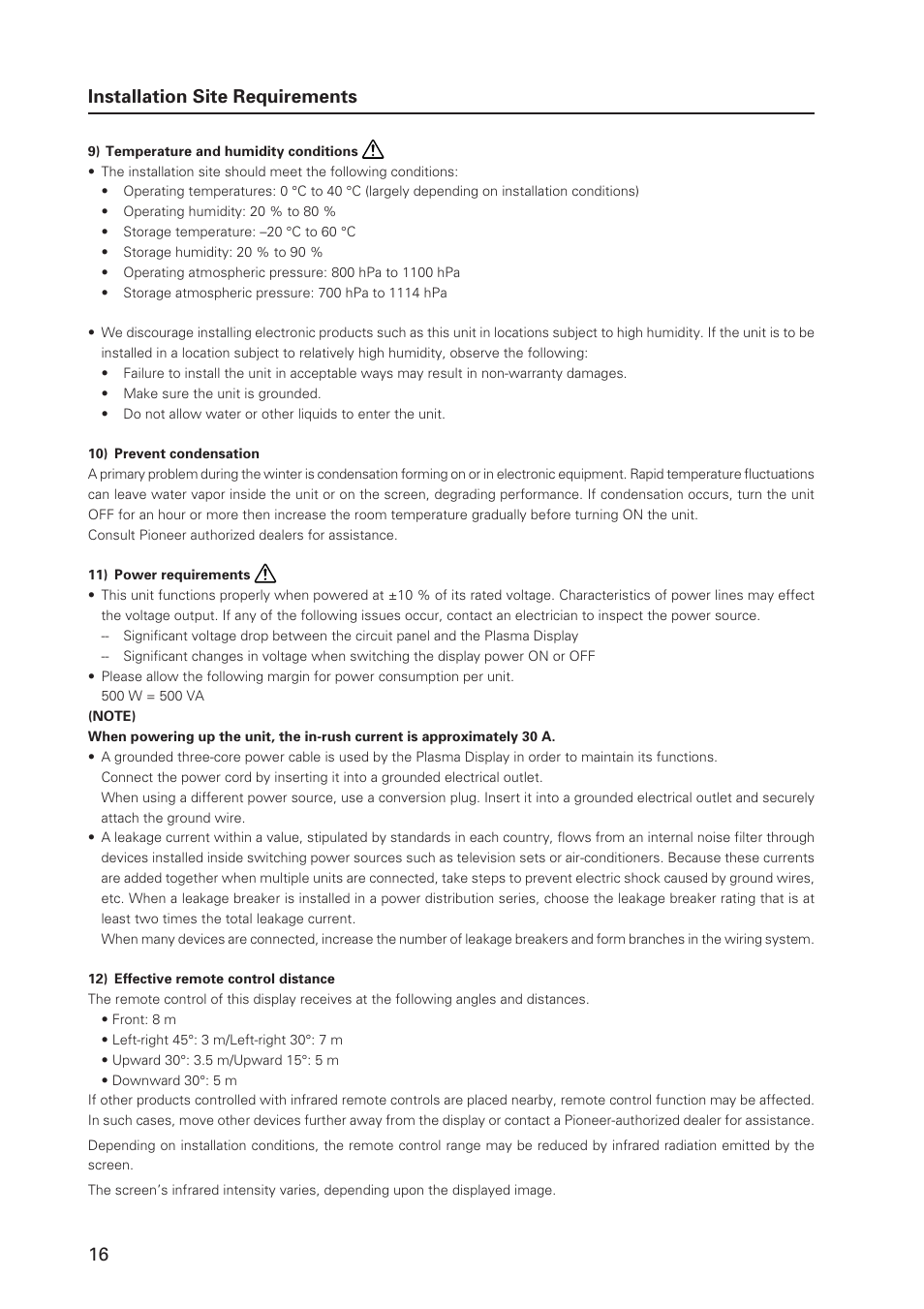 Installation site requirements | Pioneer MILESTONE 12 User Manual | Page 16 / 215