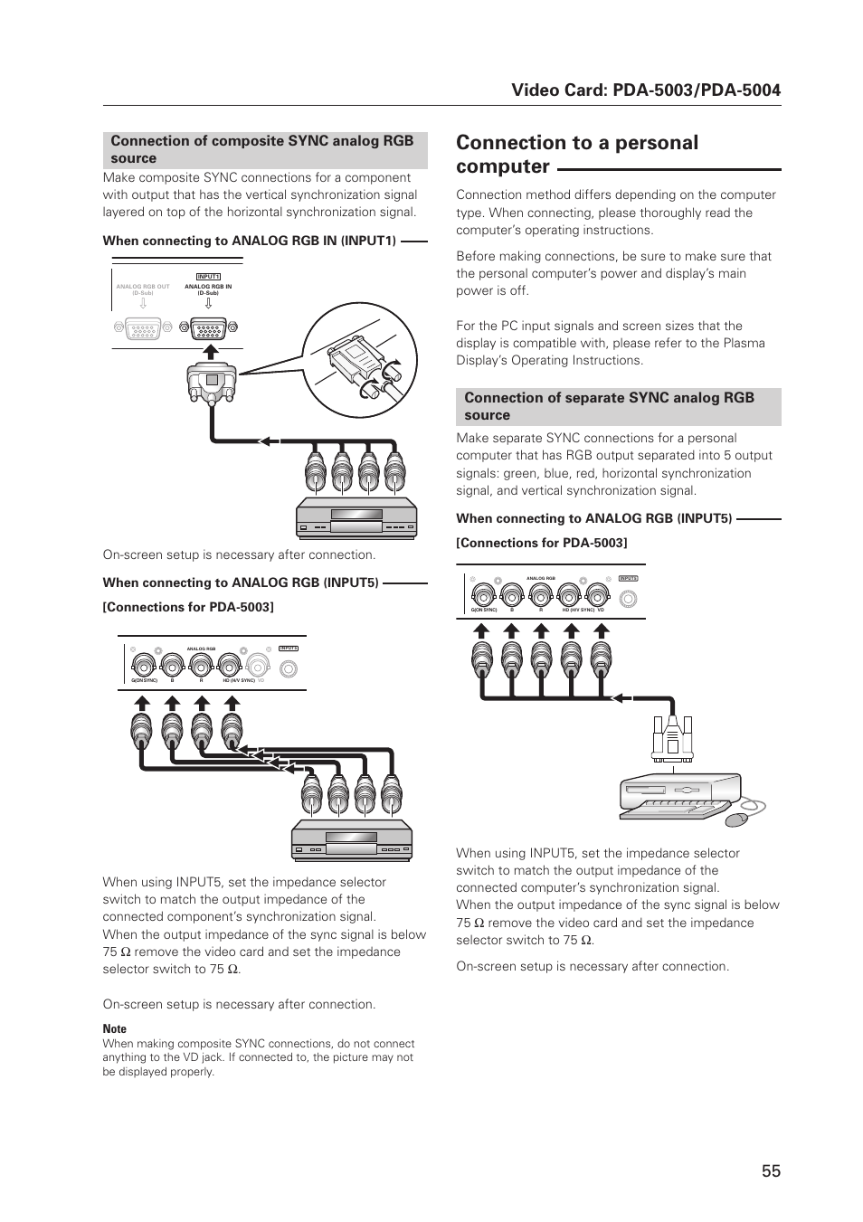 Connection to a personal computer, Connection of separate sync analog rgb source, Connection of composite sync analog rgb source | Pioneer MILESTONE 12 User Manual | Page 55 / 215