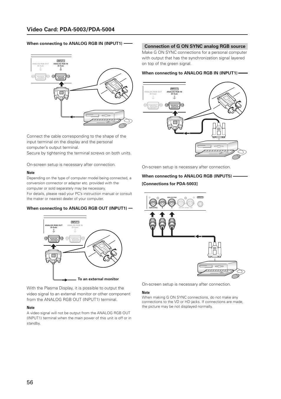 Connection of g on sync analog rgb source, When connecting to analog rgb in (input1), When connecting to analog rgb out (input1) | On-screen setup is necessary after connection | Pioneer MILESTONE 12 User Manual | Page 56 / 215