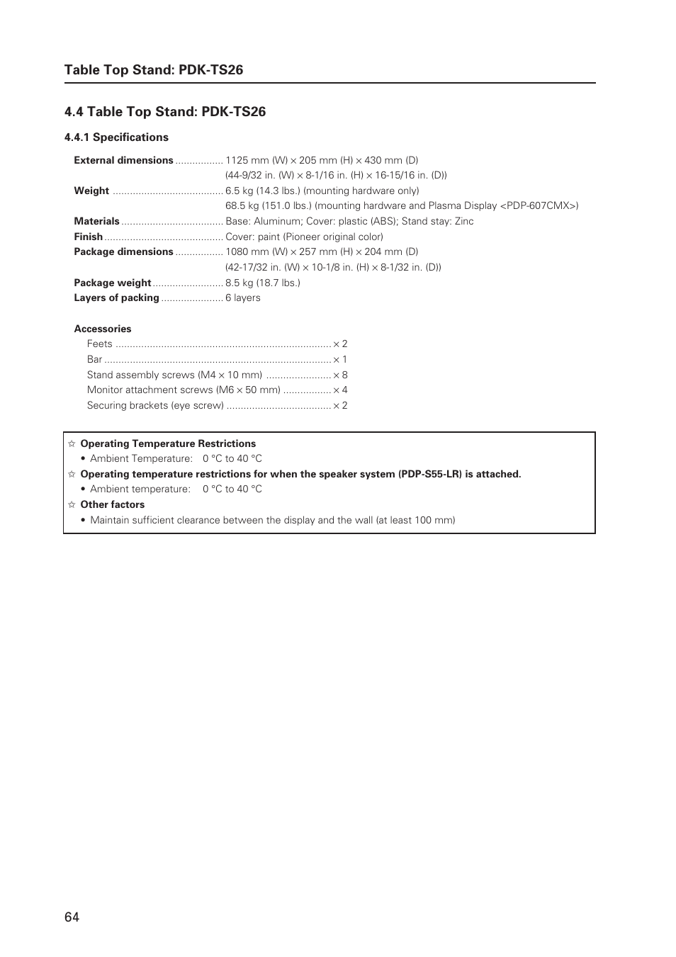 Table top stand: pdk-ts26 | Pioneer MILESTONE 12 User Manual | Page 64 / 215