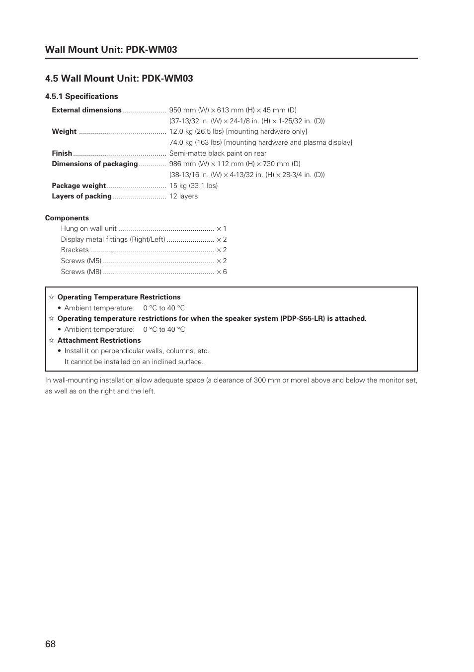 Wall mount unit: pdk-wm03 | Pioneer MILESTONE 12 User Manual | Page 68 / 215