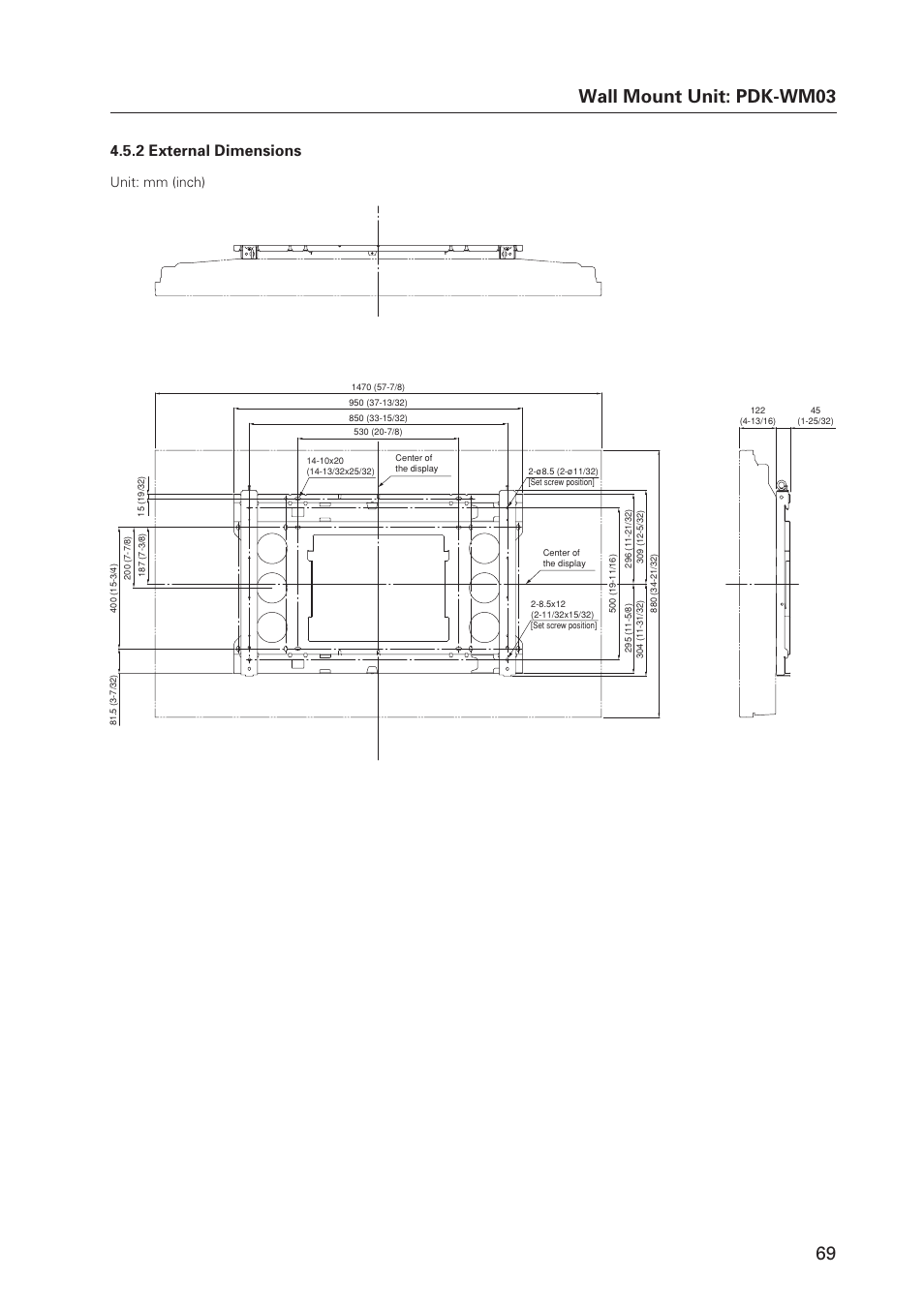 69 wall mount unit: pdk-wm03, 2 external dimensions, Unit: mm (inch) | Pioneer MILESTONE 12 User Manual | Page 69 / 215