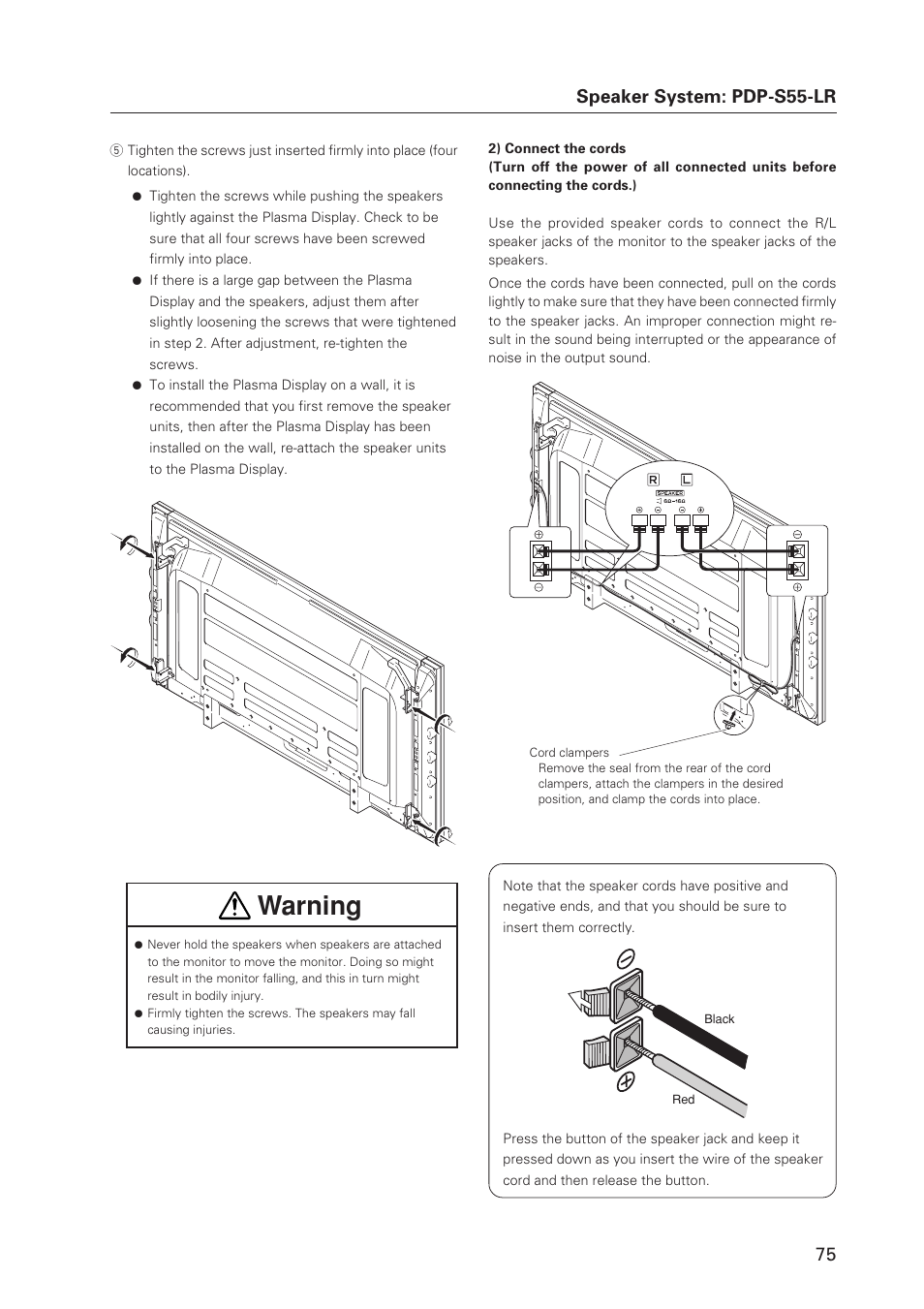 Warning, 75 speaker system: pdp-s55-lr | Pioneer MILESTONE 12 User Manual | Page 75 / 215