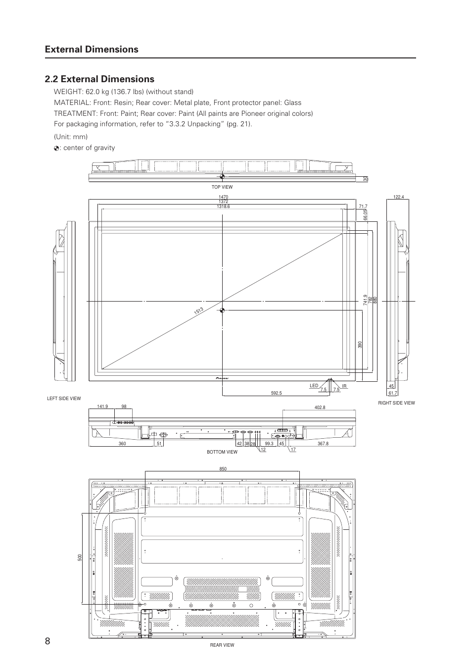 2 external dimensions, External dimensions | Pioneer MILESTONE 12 User Manual | Page 8 / 215