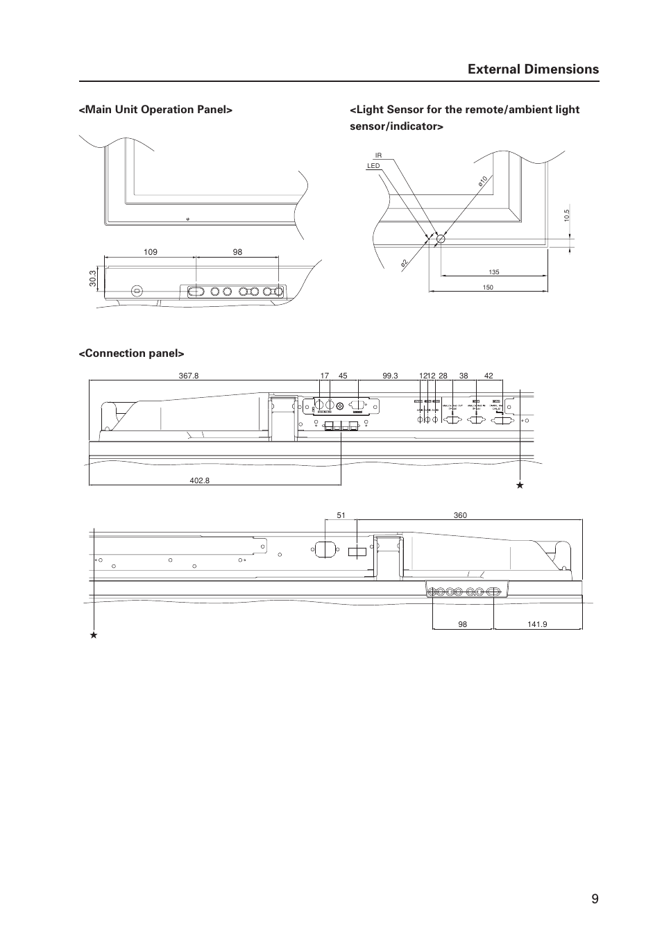 External dimensions, Connection panel | Pioneer MILESTONE 12 User Manual | Page 9 / 215