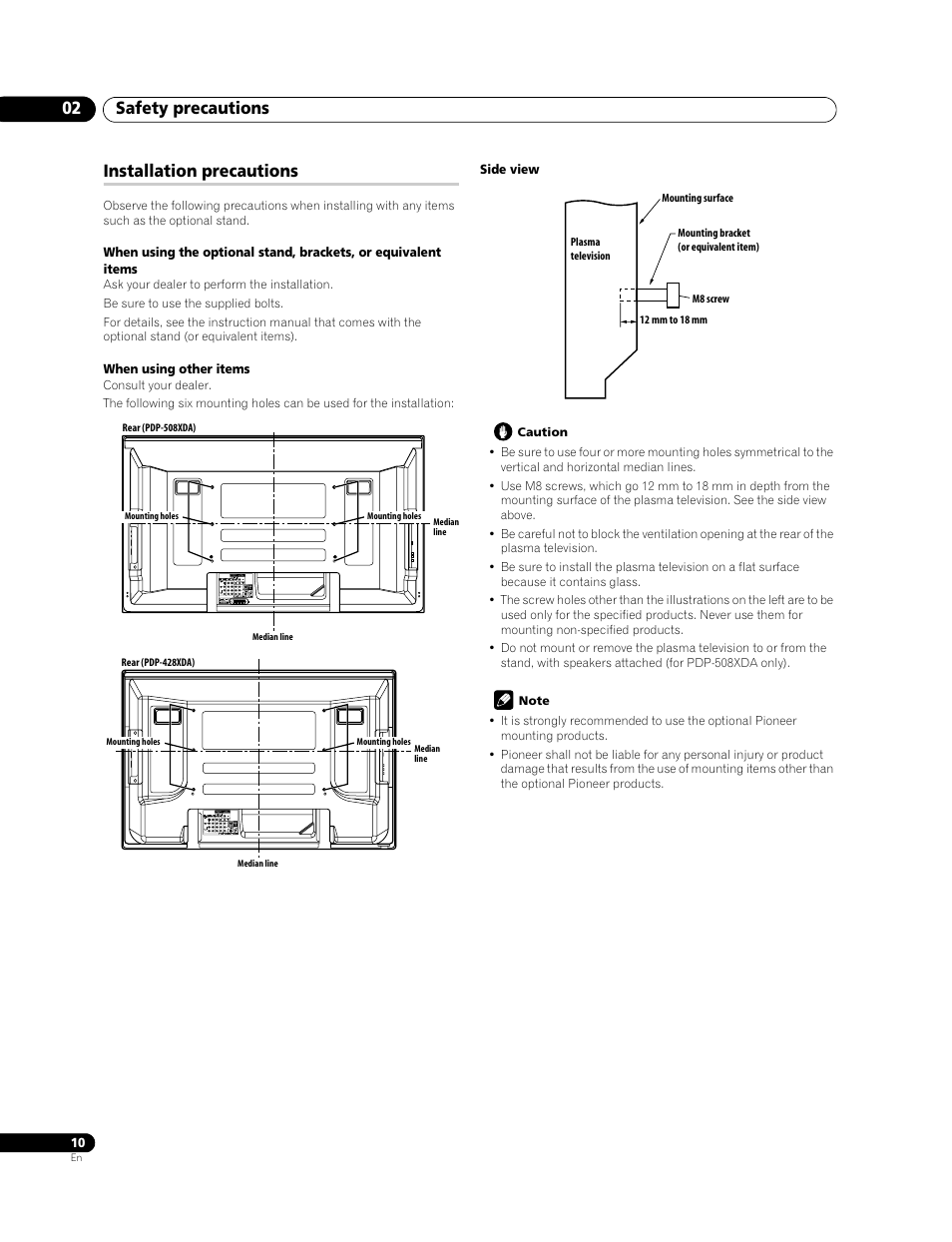 Installation precautions, Safety precautions 02 | Pioneer PDP-508XDA User Manual | Page 10 / 76