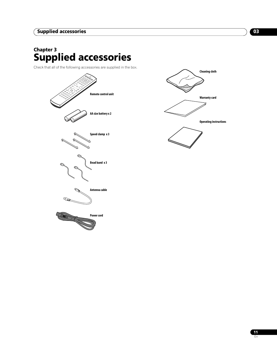 03 supplied accessories, Supplied accessories | Pioneer PDP-508XDA User Manual | Page 11 / 76