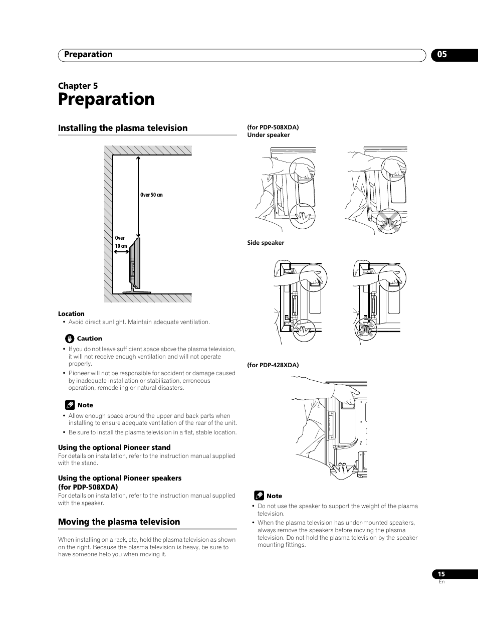 05 preparation, Preparation, Preparation 05 | Chapter 5, Installing the plasma television, Moving the plasma television | Pioneer PDP-508XDA User Manual | Page 15 / 76