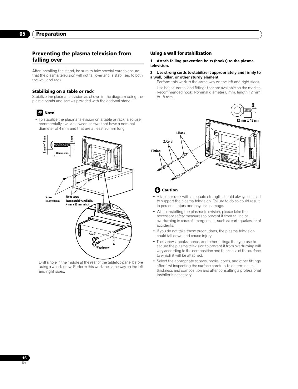 Preventing the plasma television from falling over, Preparation 05 | Pioneer PDP-508XDA User Manual | Page 16 / 76