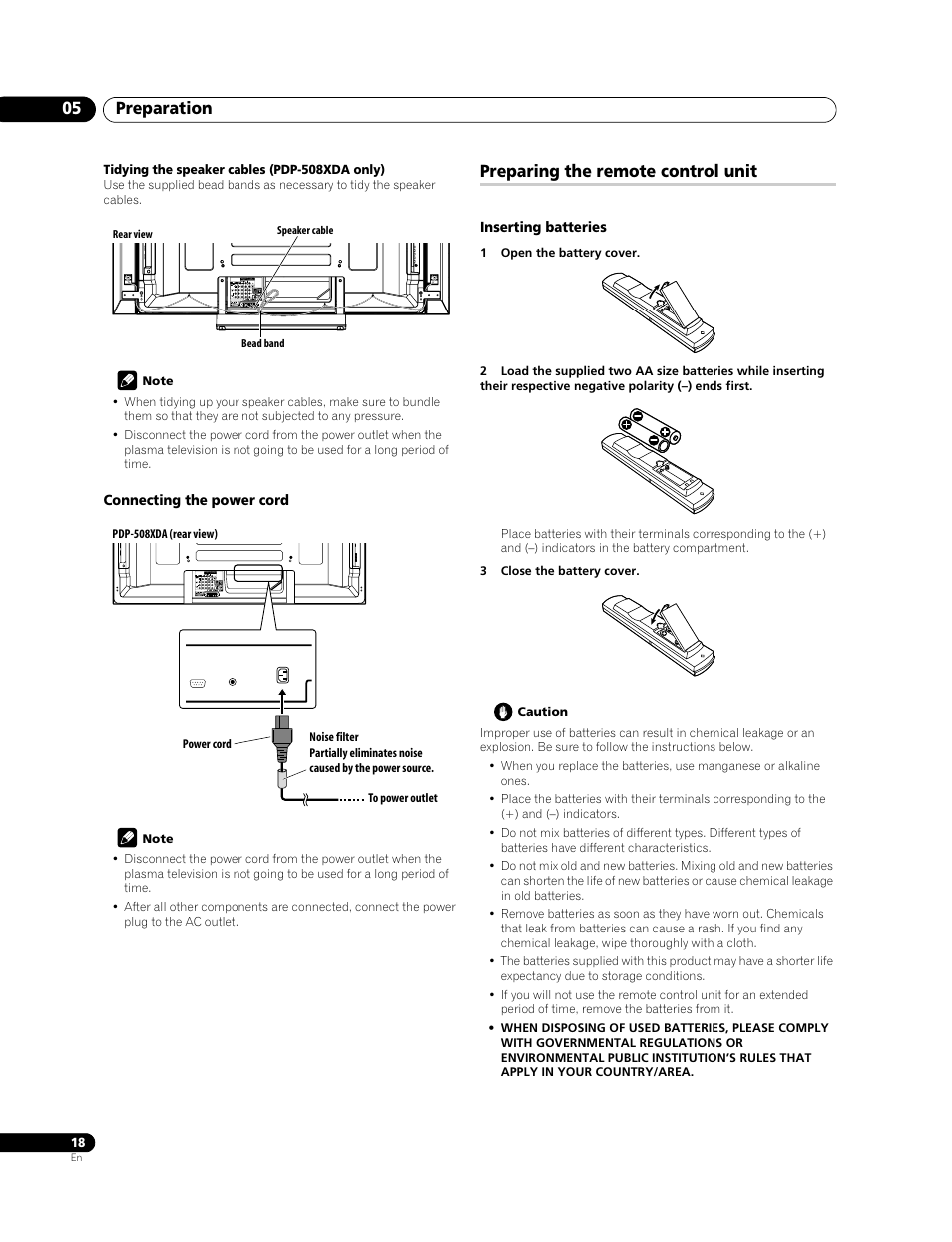Preparing the remote control unit, Preparation 05 | Pioneer PDP-508XDA User Manual | Page 18 / 76