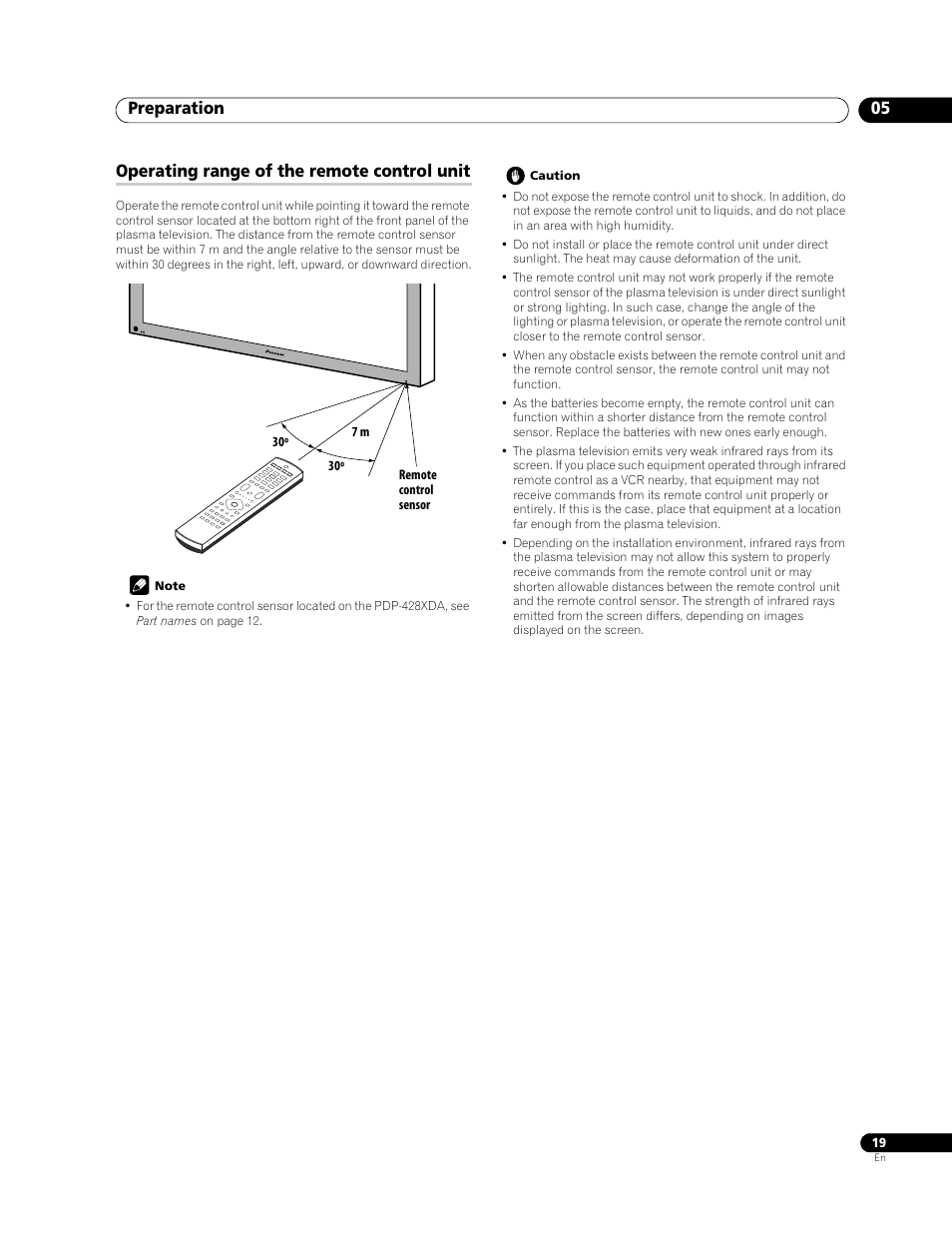 Operating range of the remote control unit, Preparation 05 | Pioneer PDP-508XDA User Manual | Page 19 / 76