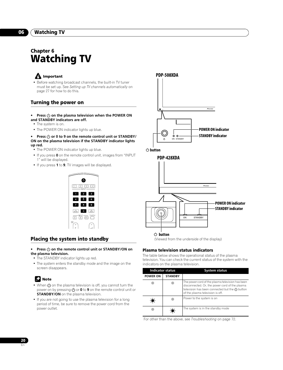 06 watching tv, Watching tv, Watching tv 06 | Chapter 6, Turning the power on, Placing the system into standby, Pdp-508xda, Pdp-428xda | Pioneer PDP-508XDA User Manual | Page 20 / 76