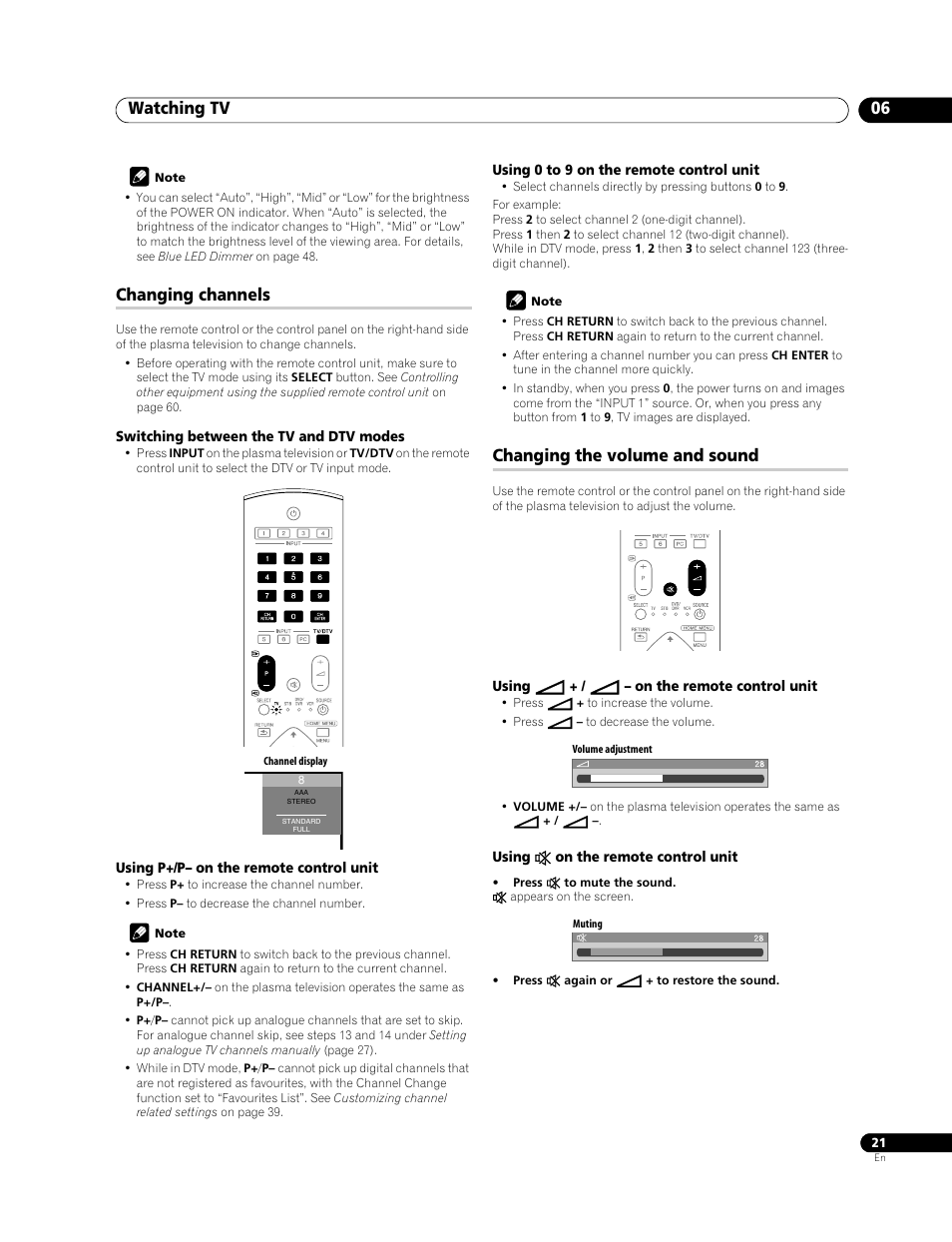 Changing channels changing the volume and sound, Watching tv 06, Changing channels | Changing the volume and sound | Pioneer PDP-508XDA User Manual | Page 21 / 76