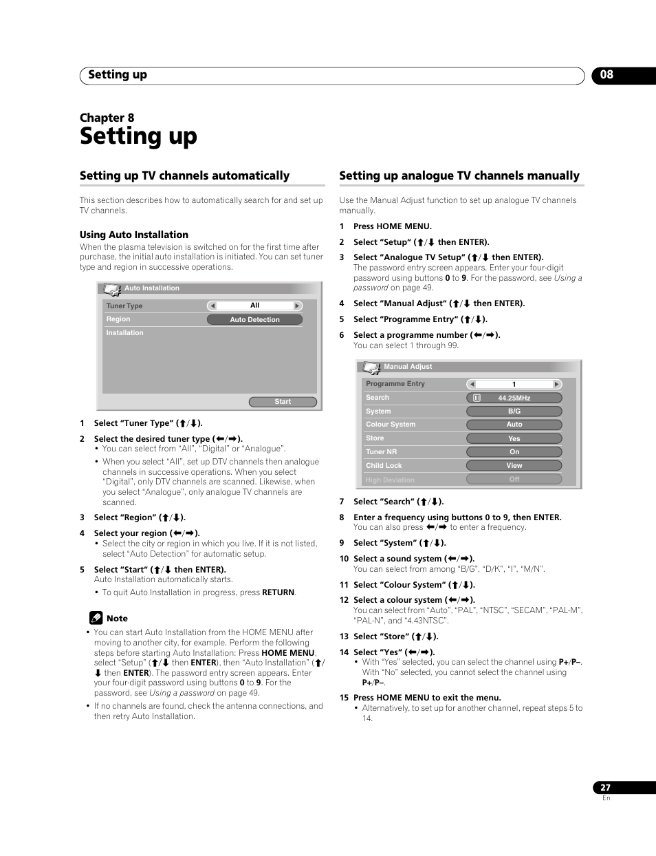08 setting up, Setting up, Setting up 08 | Chapter 8, Setting up tv channels automatically, Setting up analogue tv channels manually | Pioneer PDP-508XDA User Manual | Page 27 / 76
