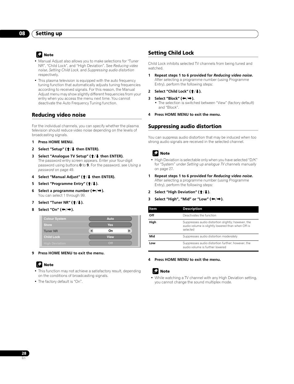 Setting up 08, Reducing video noise, Setting child lock | Suppressing audio distortion | Pioneer PDP-508XDA User Manual | Page 28 / 76