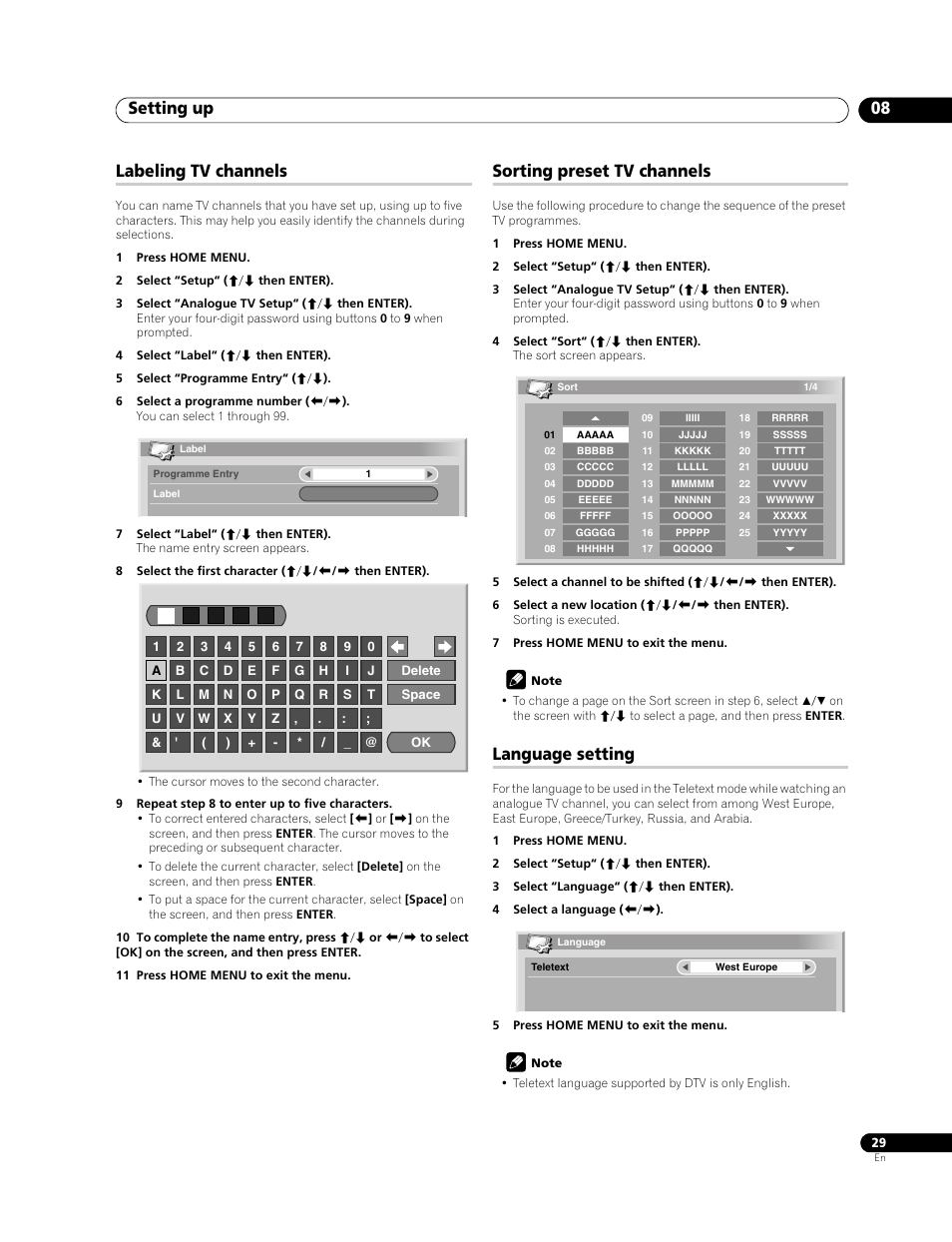 Labeling tv channels, Sorting preset tv channels language setting, Setting up 08 | Sorting preset tv channels, Language setting | Pioneer PDP-508XDA User Manual | Page 29 / 76