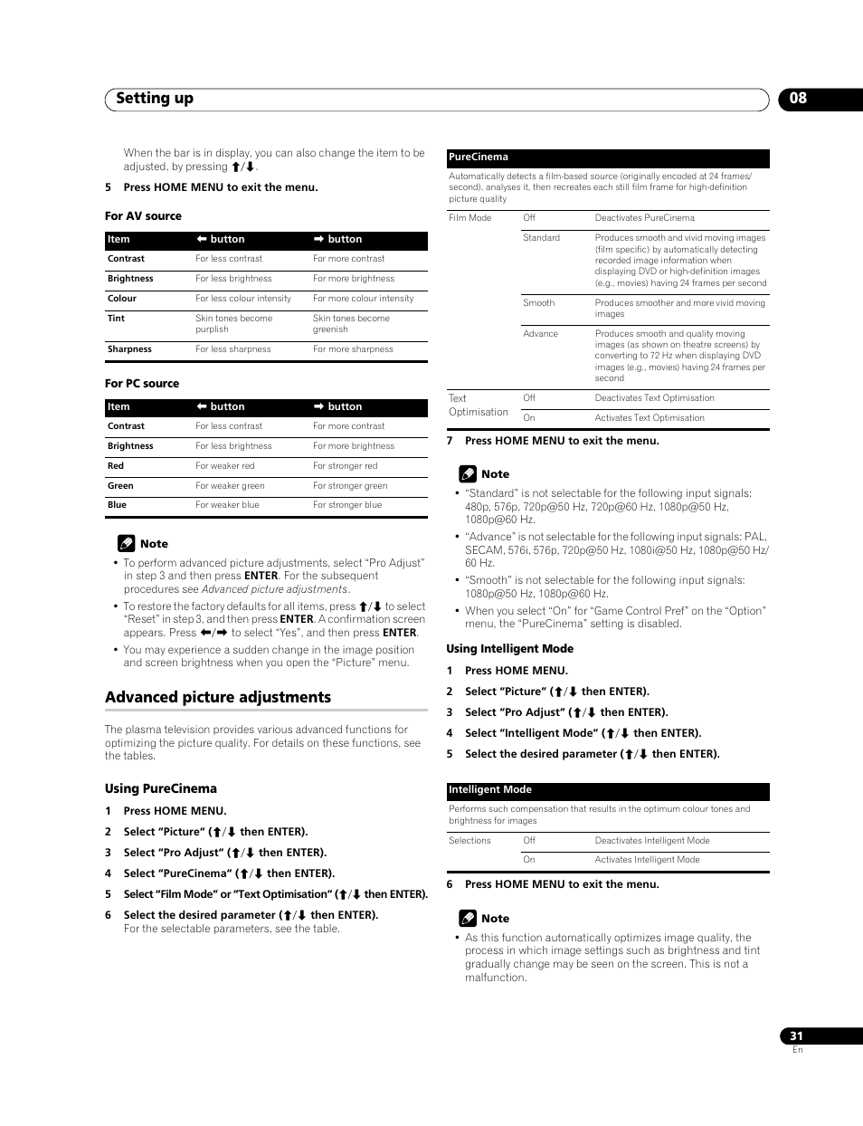 Advanced picture adjustments, Setting up 08 | Pioneer PDP-508XDA User Manual | Page 31 / 76