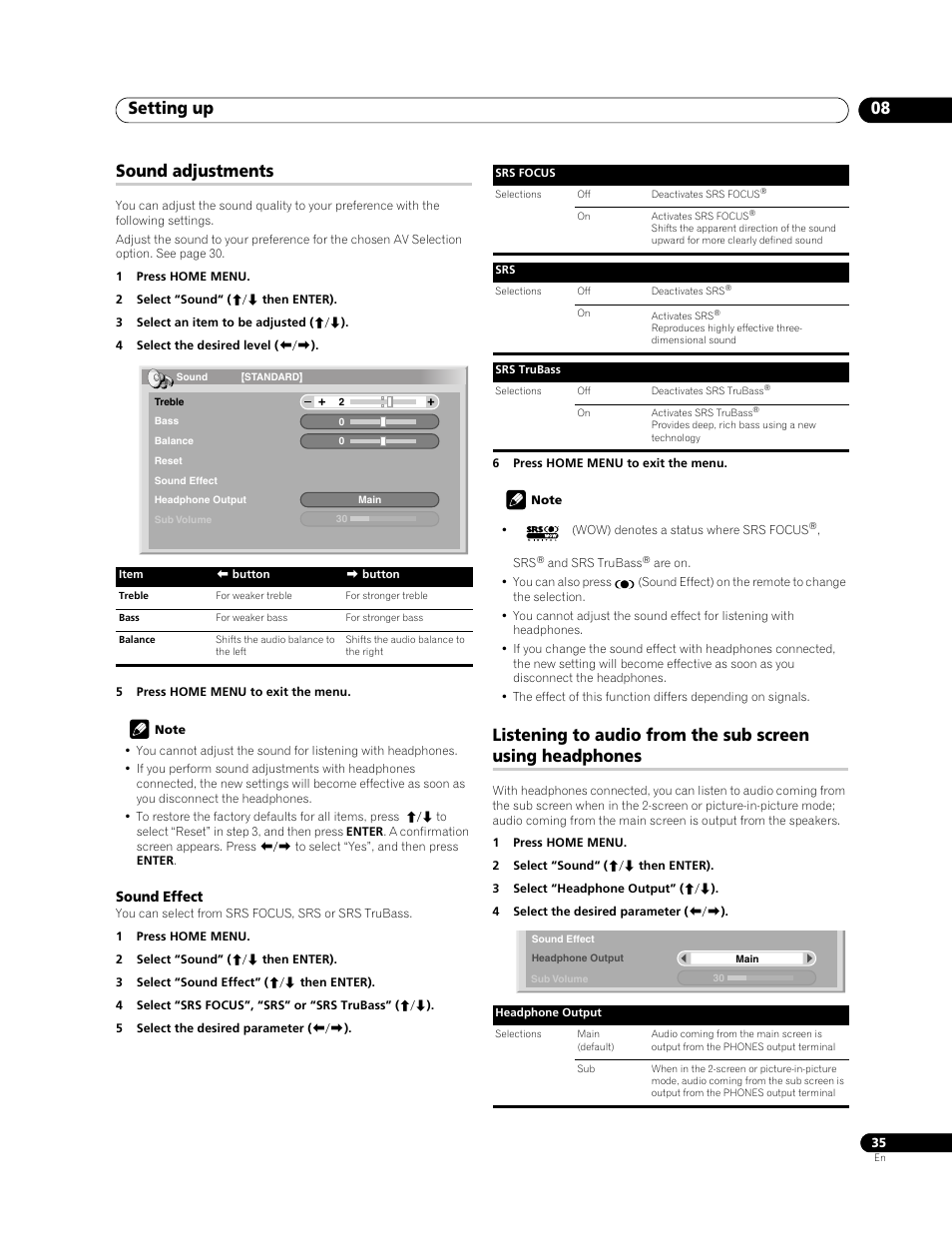 Setting up 08, Sound adjustments | Pioneer PDP-508XDA User Manual | Page 35 / 76