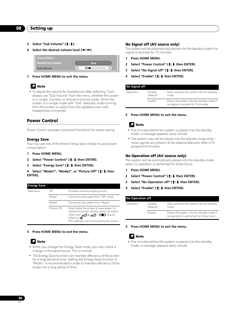 Power control, Setting up 08 | Pioneer PDP-508XDA User Manual | Page 36 / 76
