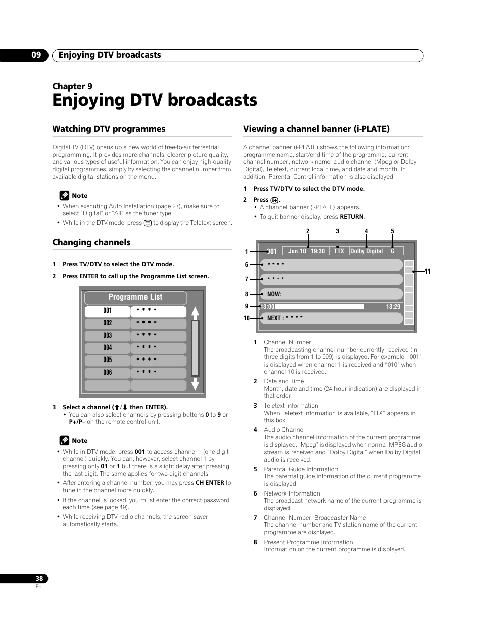 09 enjoying dtv broadcasts, Enjoying dtv broadcasts, Enjoying dtv broadcasts 09 | Chapter 9, Watching dtv programmes, Changing channels, Viewing a channel banner (i-plate) | Pioneer PDP-508XDA User Manual | Page 38 / 76