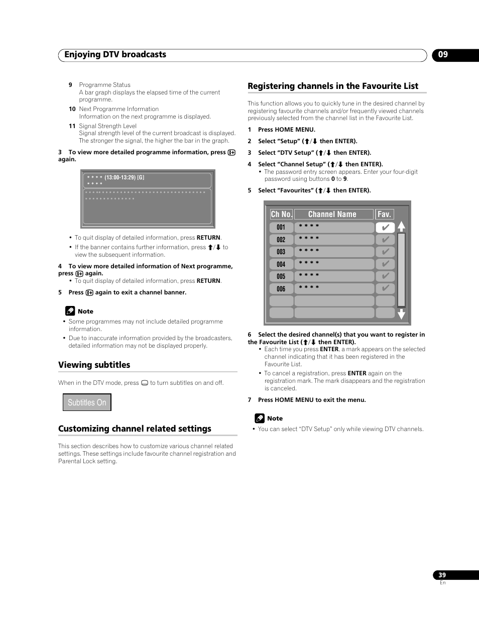 Enjoying dtv broadcasts 09, Viewing subtitles, Customizing channel related settings | Registering channels in the favourite list, Subtitles on | Pioneer PDP-508XDA User Manual | Page 39 / 76