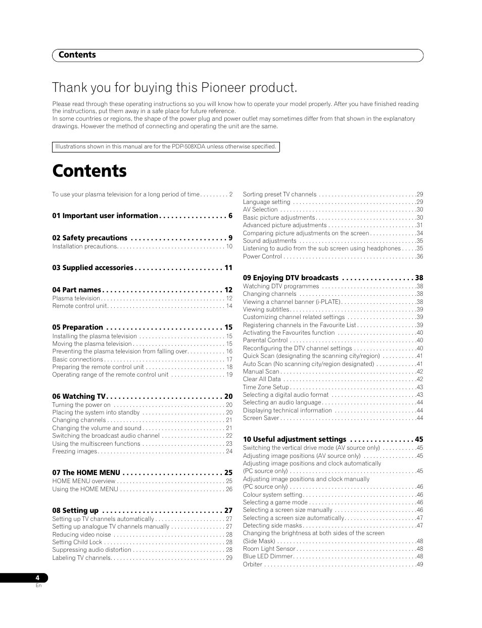 Pioneer PDP-508XDA User Manual | Page 4 / 76