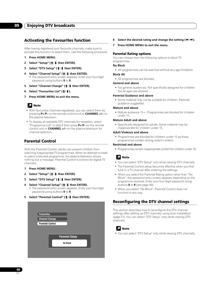 Enjoying dtv broadcasts 09, Activating the favourites function, Parental control | Reconfiguring the dtv channel settings | Pioneer PDP-508XDA User Manual | Page 40 / 76