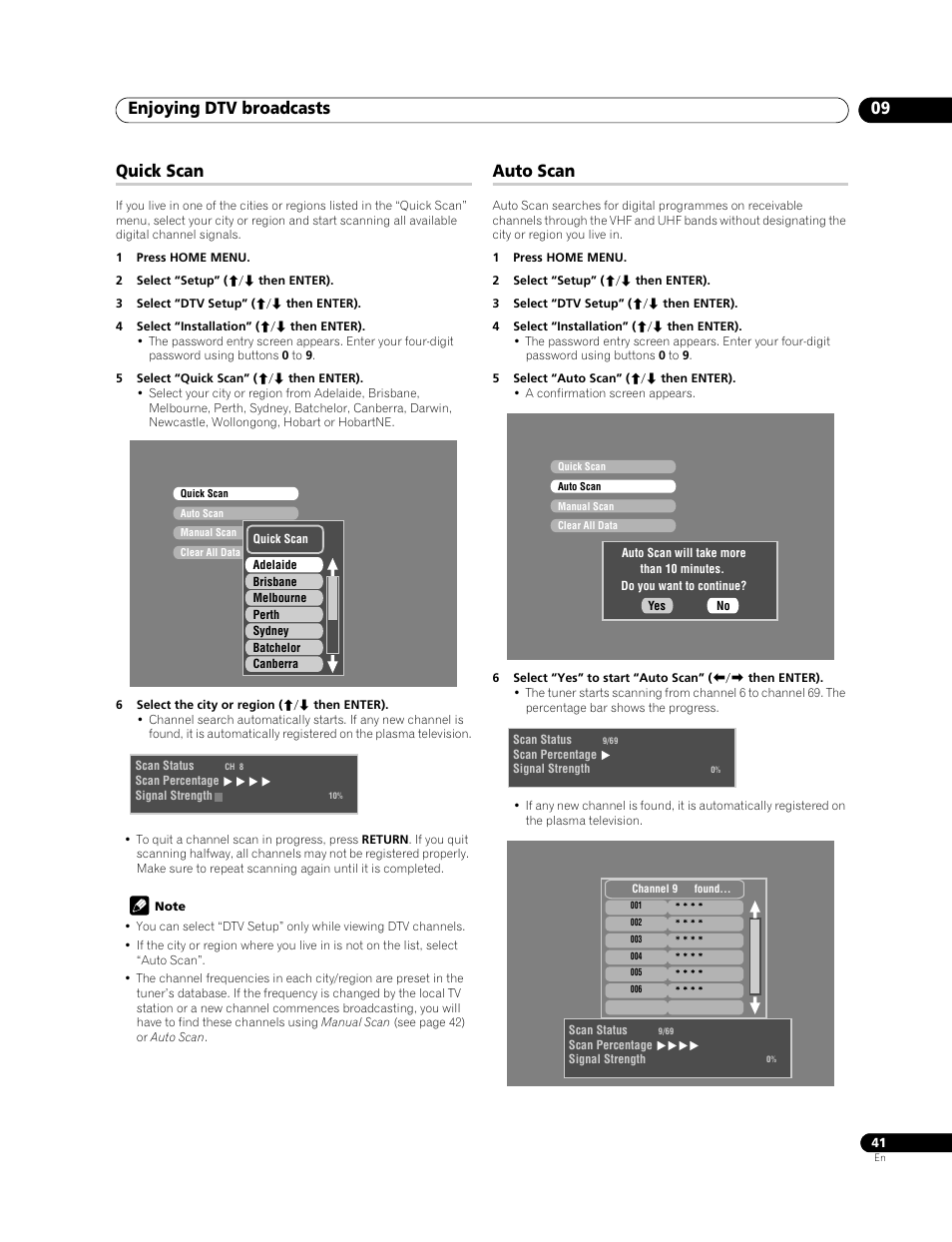 Enjoying dtv broadcasts 09, Quick scan, Auto scan | Pioneer PDP-508XDA User Manual | Page 41 / 76