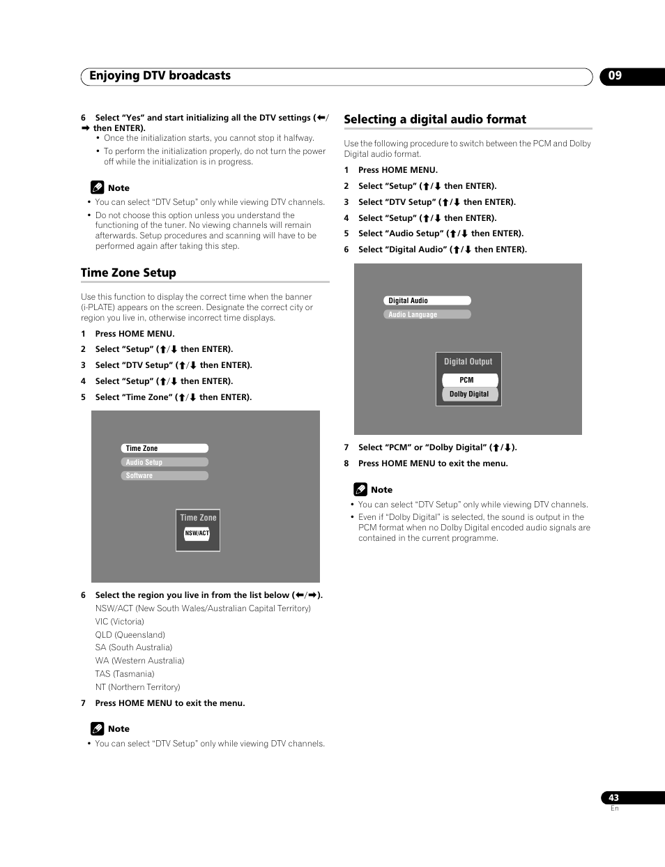 Time zone setup selecting a digital audio format, Enjoying dtv broadcasts 09, Time zone setup | Selecting a digital audio format | Pioneer PDP-508XDA User Manual | Page 43 / 76
