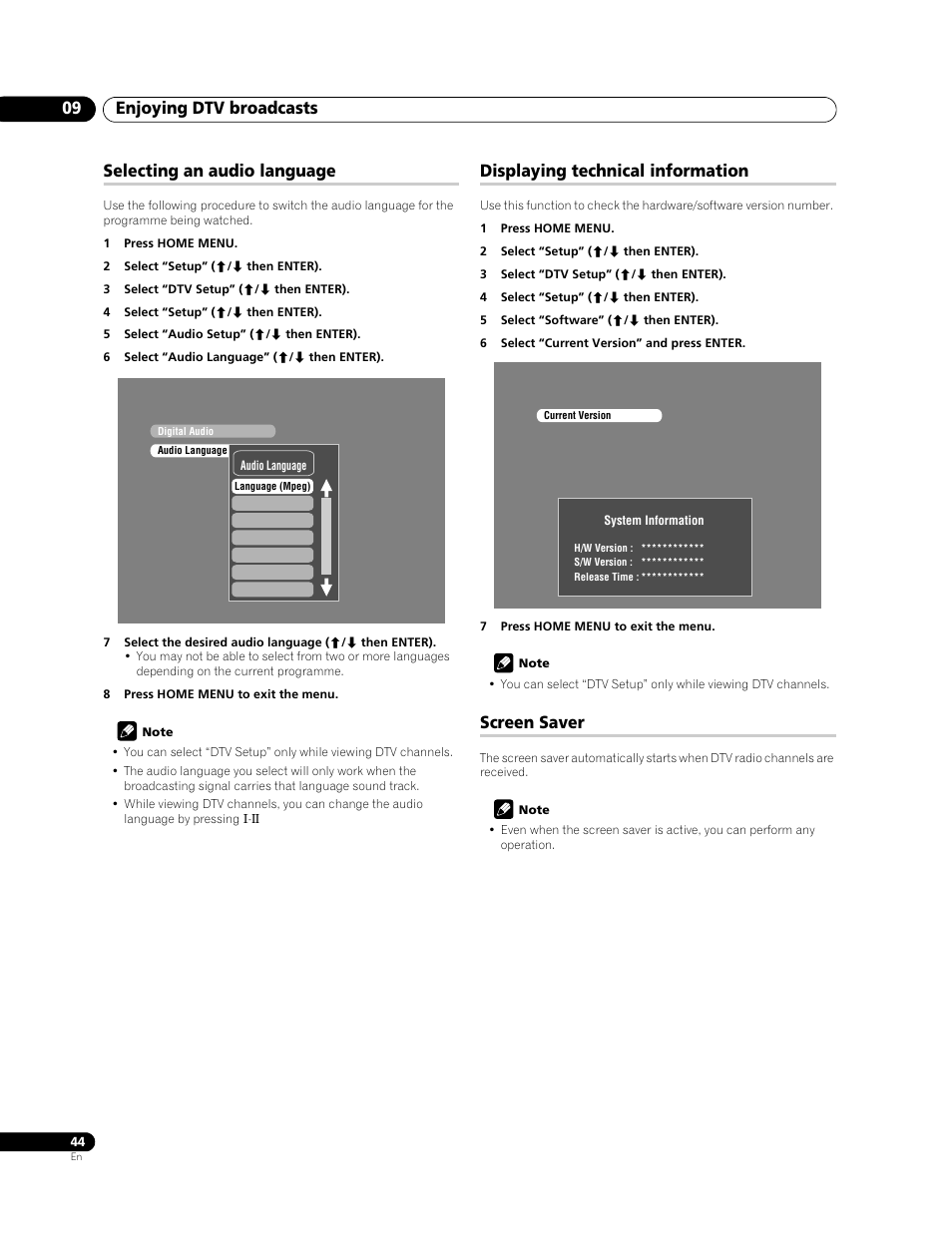 Enjoying dtv broadcasts 09, Selecting an audio language, Displaying technical information | Screen saver | Pioneer PDP-508XDA User Manual | Page 44 / 76