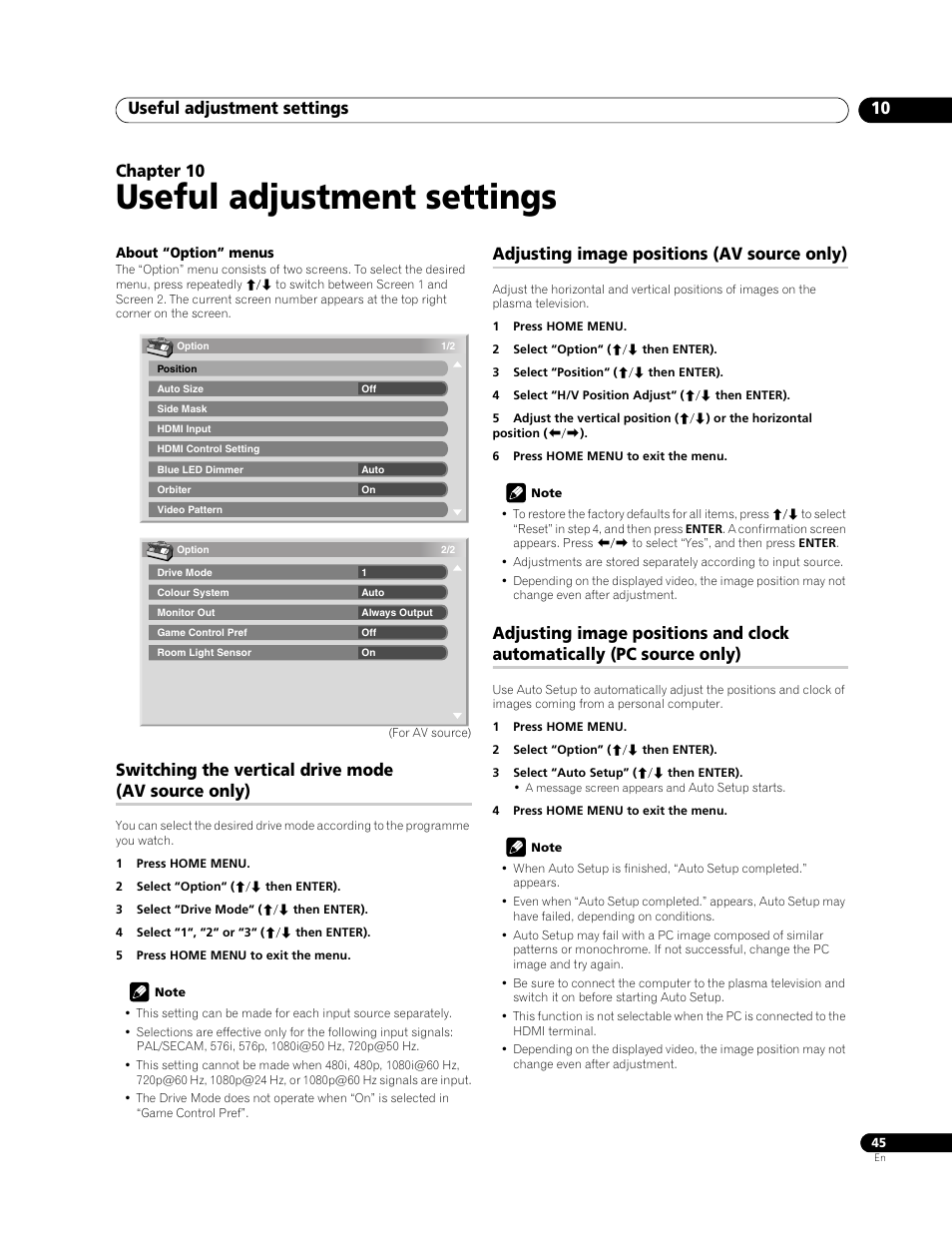 10 useful adjustment settings, Useful adjustment settings, Useful adjustment settings 10 | Chapter 10, Switching the vertical drive mode (av source only), Adjusting image positions (av source only) | Pioneer PDP-508XDA User Manual | Page 45 / 76