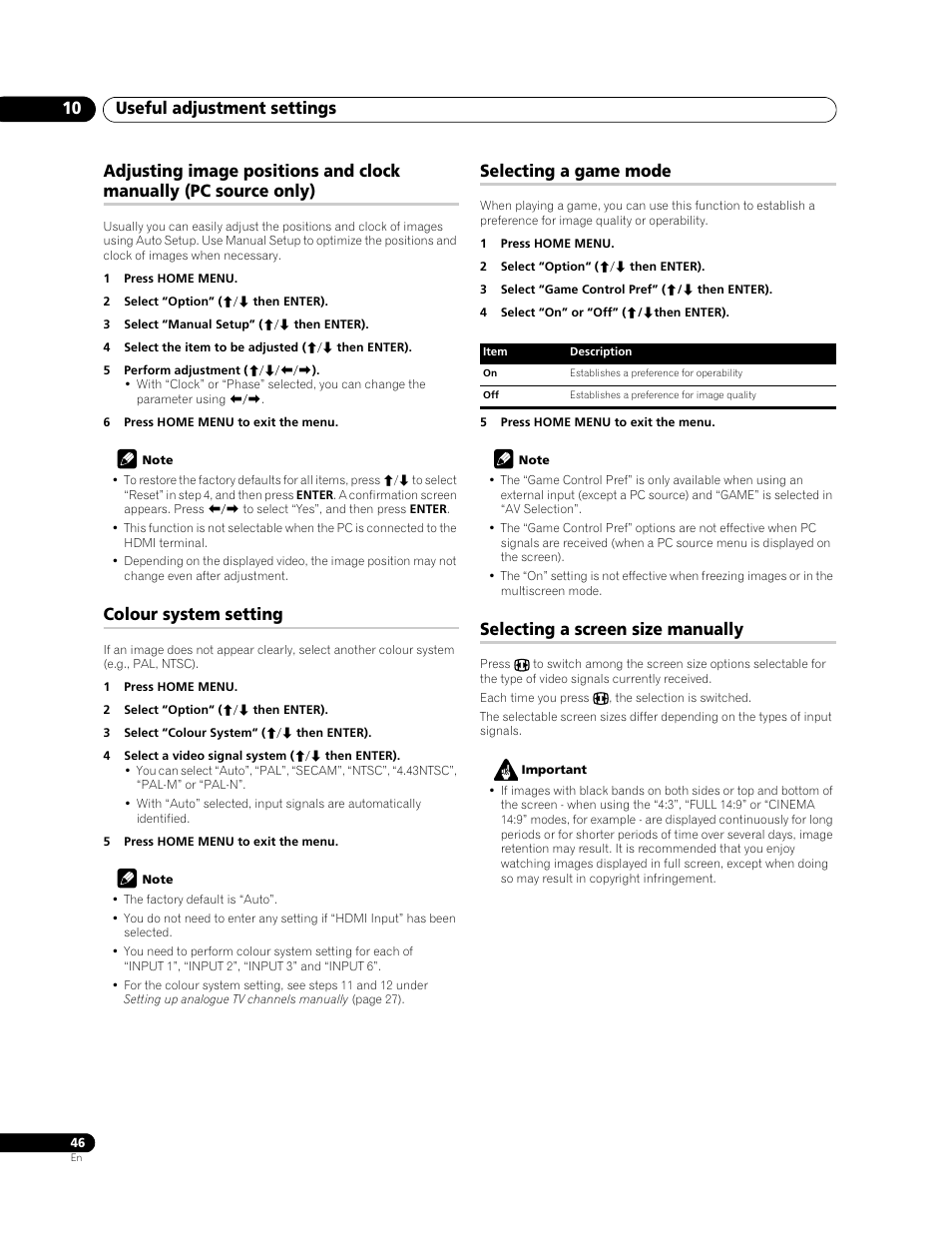 Useful adjustment settings 10, Colour system setting, Selecting a game mode | Selecting a screen size manually | Pioneer PDP-508XDA User Manual | Page 46 / 76