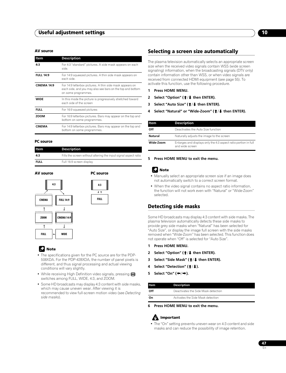 Useful adjustment settings 10, Selecting a screen size automatically, Detecting side masks | Pioneer PDP-508XDA User Manual | Page 47 / 76
