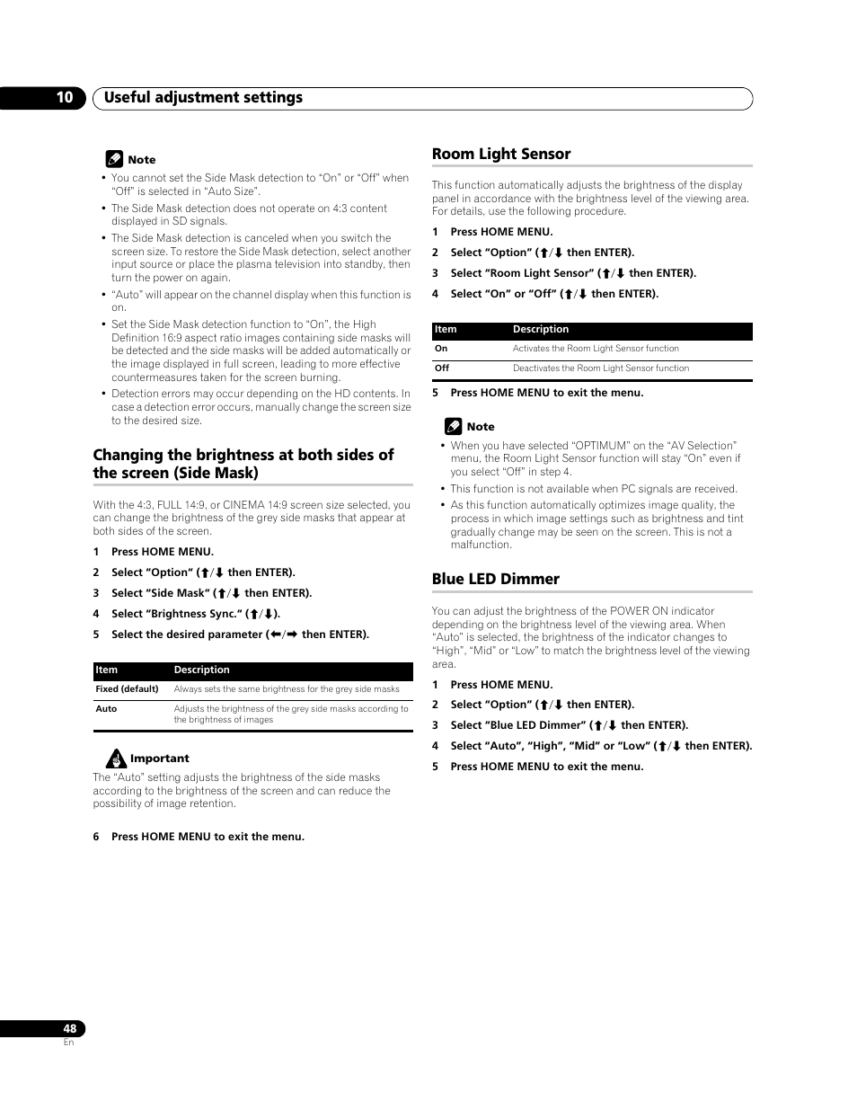 Useful adjustment settings 10, Room light sensor, Blue led dimmer | Pioneer PDP-508XDA User Manual | Page 48 / 76