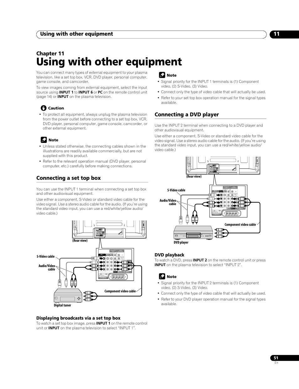 11 using with other equipment, Connecting a set top box connecting a dvd player, Using with other equipment | Using with other equipment 11, Chapter 11, Connecting a set top box, Connecting a dvd player | Pioneer PDP-508XDA User Manual | Page 51 / 76