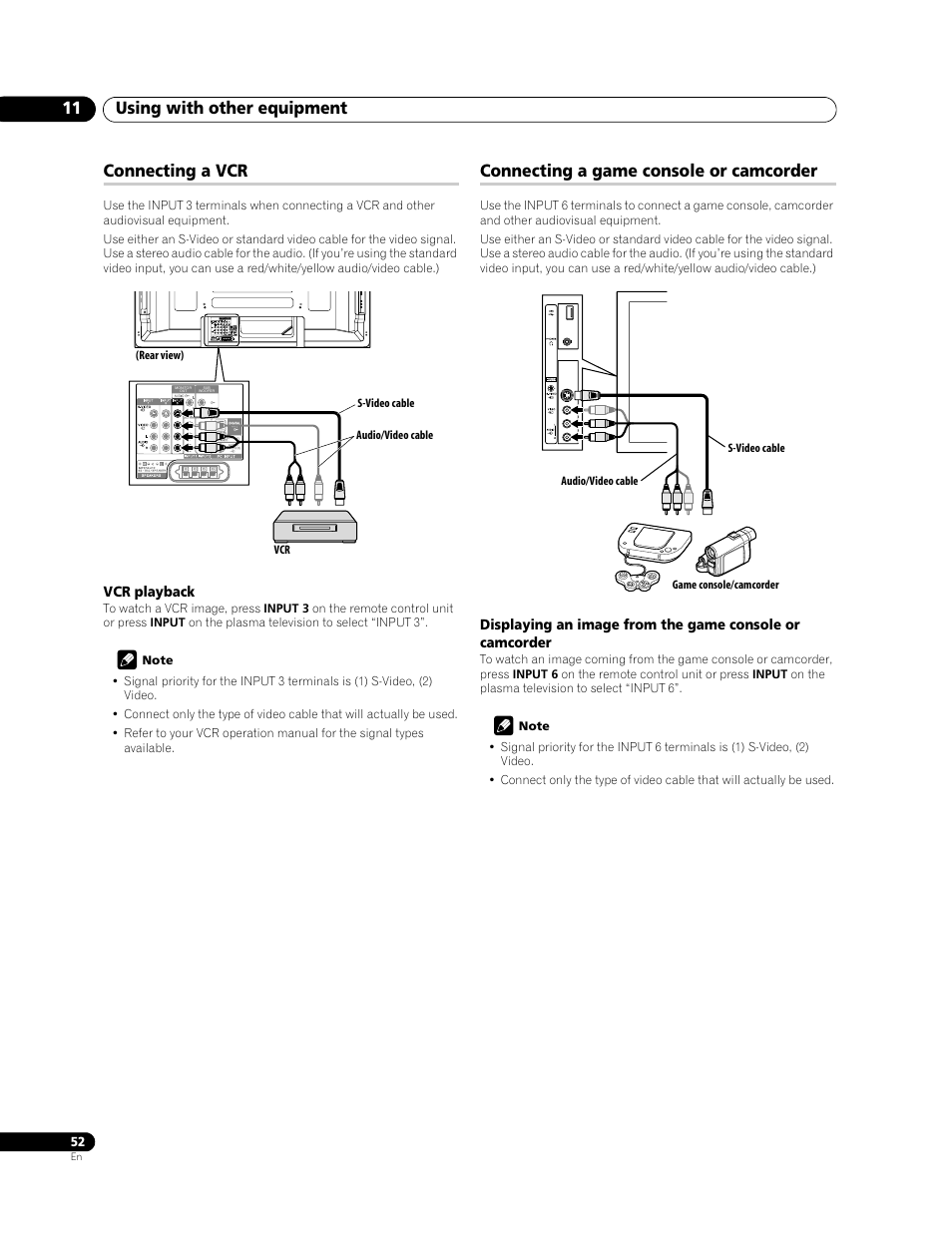 Using with other equipment 11, Connecting a vcr, Connecting a game console or camcorder | Pioneer PDP-508XDA User Manual | Page 52 / 76