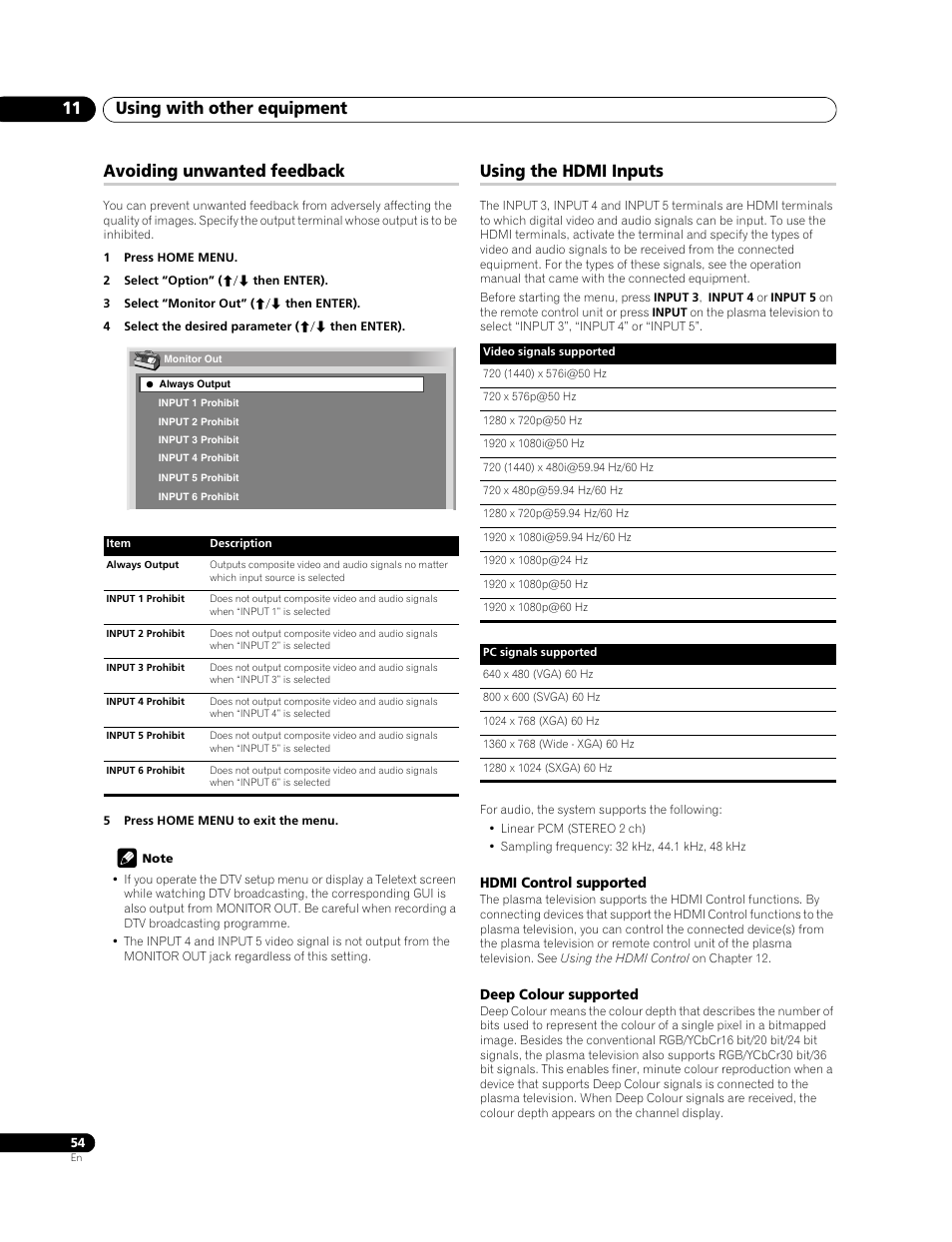 Avoiding unwanted feedback using the hdmi inputs, Using with other equipment 11, Avoiding unwanted feedback | Using the hdmi inputs | Pioneer PDP-508XDA User Manual | Page 54 / 76