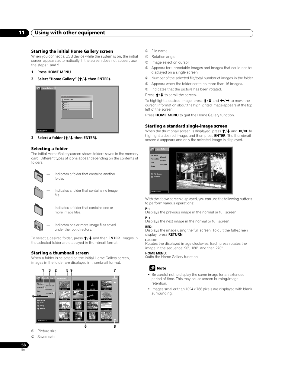 Using with other equipment 11, Starting the initial home gallery screen, Selecting a folder | Starting a thumbnail screen, Starting a standard single-image screen | Pioneer PDP-508XDA User Manual | Page 58 / 76