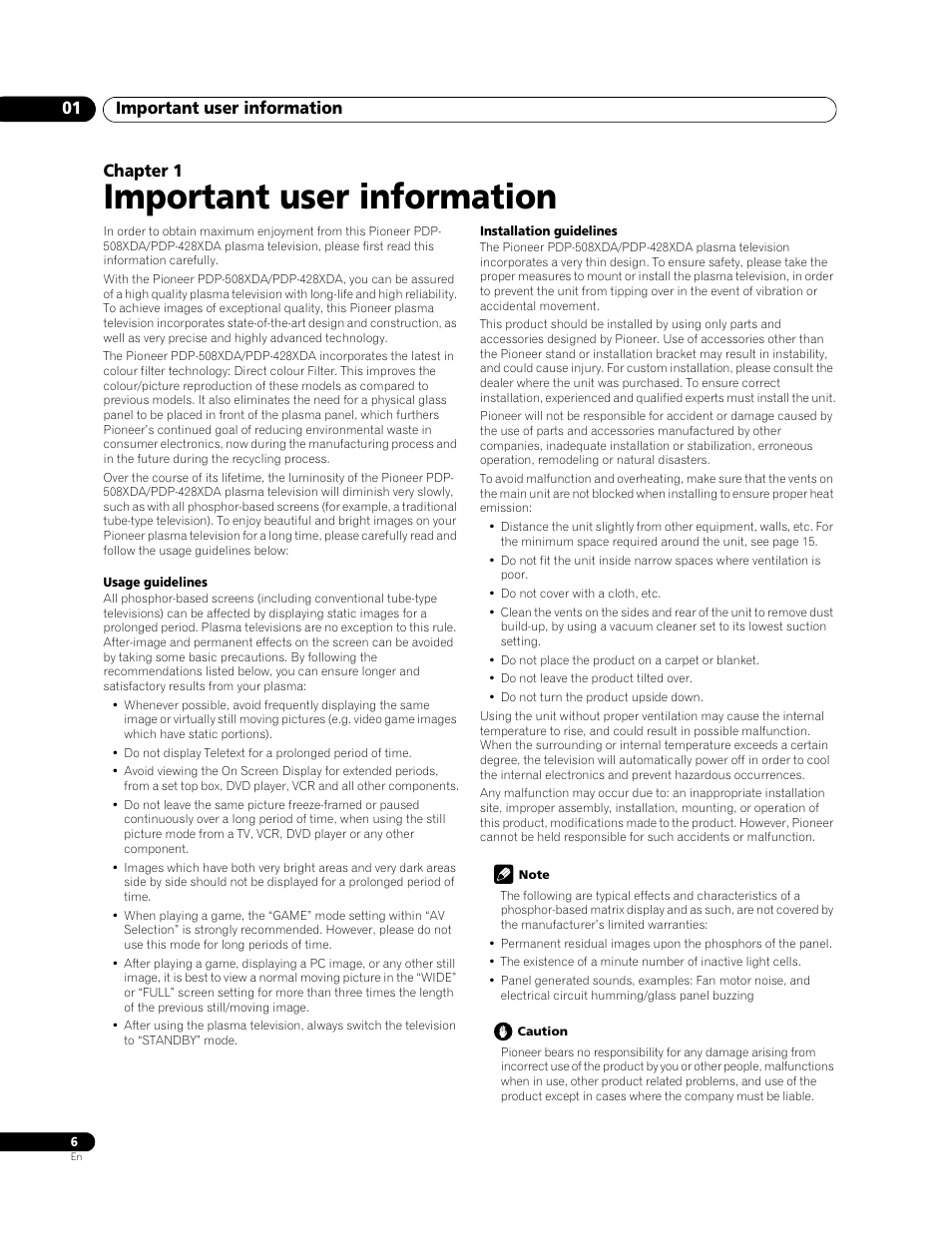 01 important user information, Important user information, Important user information 01 | Chapter 1 | Pioneer PDP-508XDA User Manual | Page 6 / 76