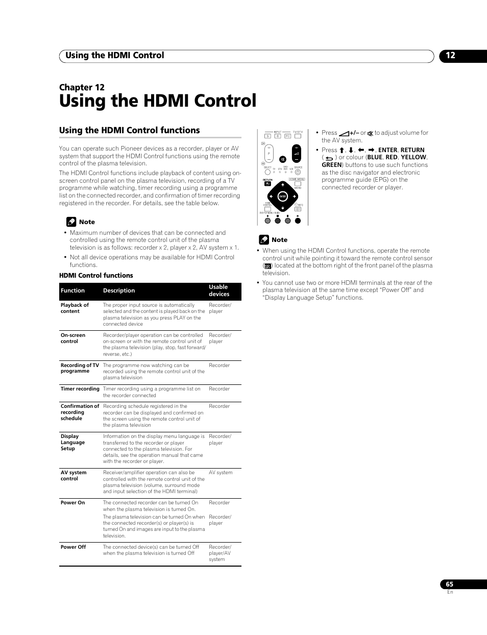 12 using the hdmi control, Using the hdmi control functions, Using the hdmi control | Using the hdmi control 12, Chapter 12 | Pioneer PDP-508XDA User Manual | Page 65 / 76