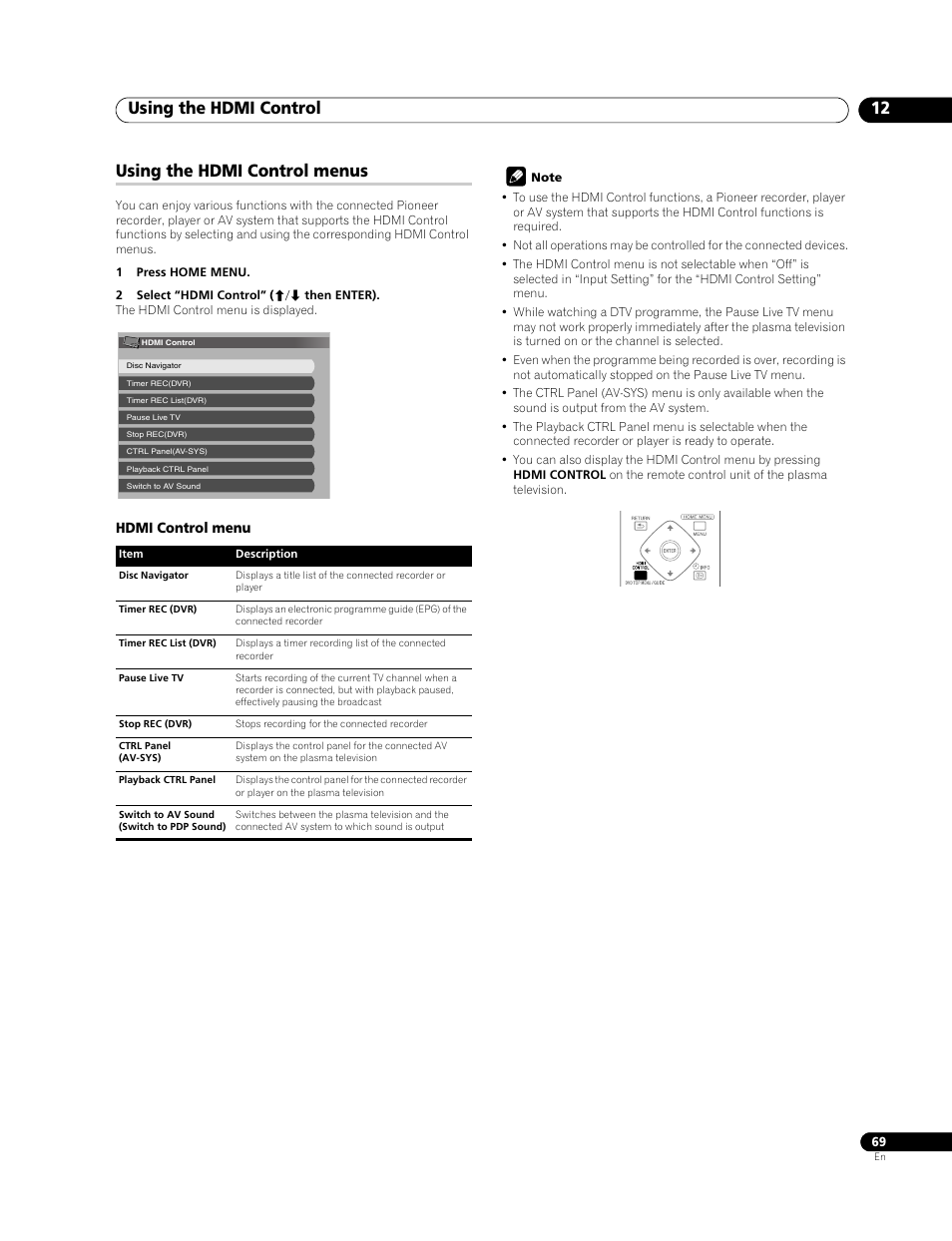 Using the hdmi control menus, Using the hdmi control 12 | Pioneer PDP-508XDA User Manual | Page 69 / 76