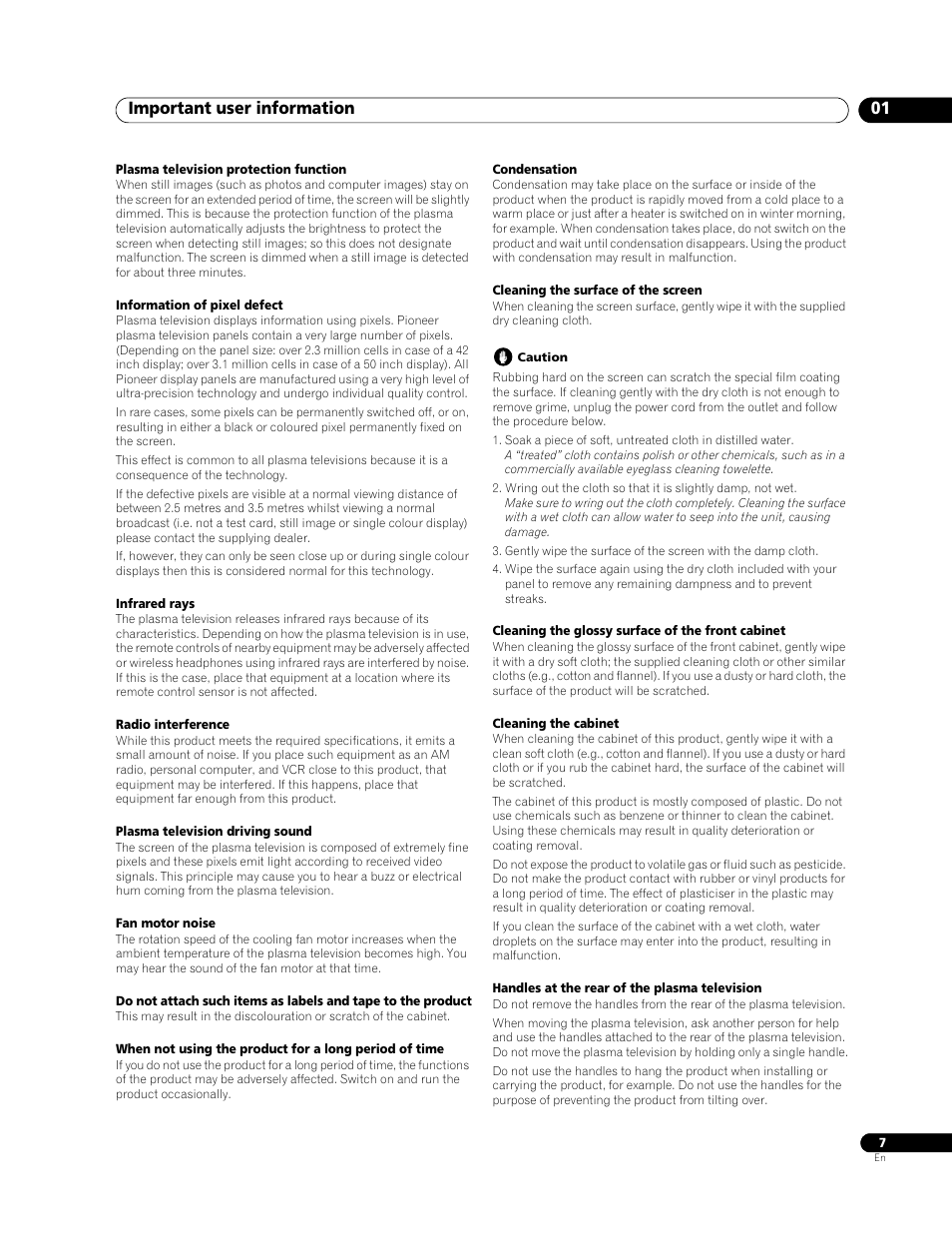 Important user information 01 | Pioneer PDP-508XDA User Manual | Page 7 / 76
