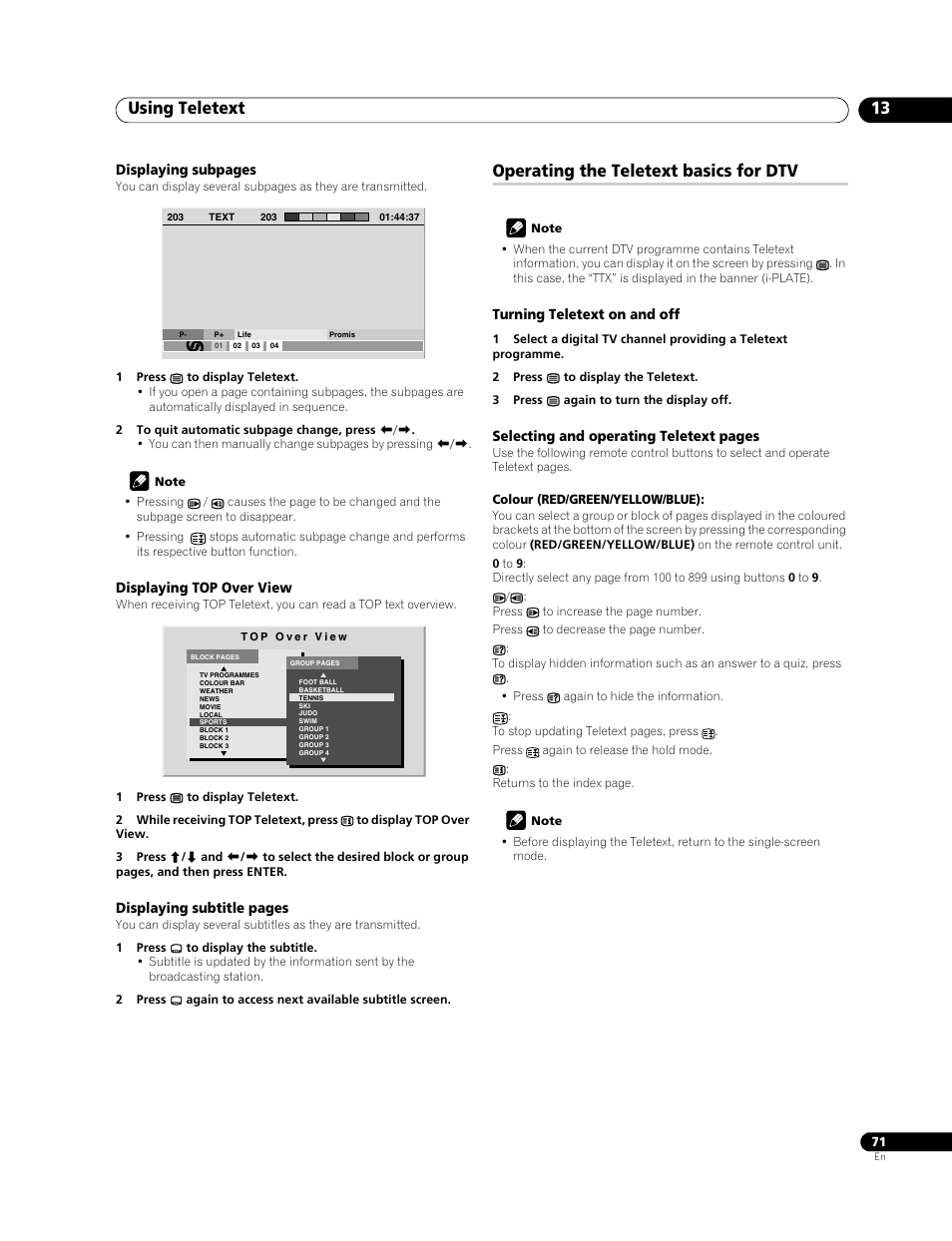 Operating the teletext basics for dtv, Using teletext 13 | Pioneer PDP-508XDA User Manual | Page 71 / 76